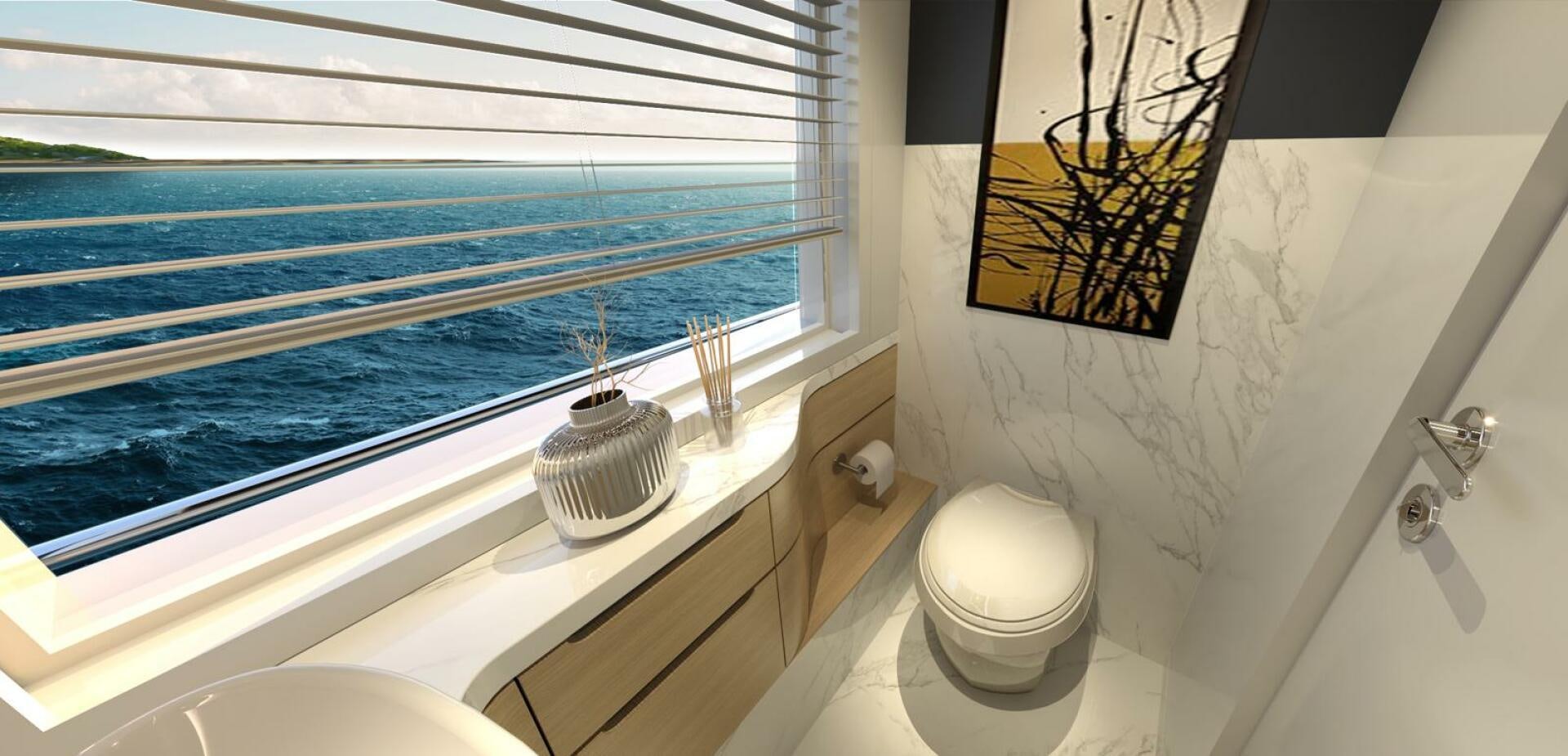 a bathroom with a window and a toilet aboard VOYAGE ONE Yacht for Charter