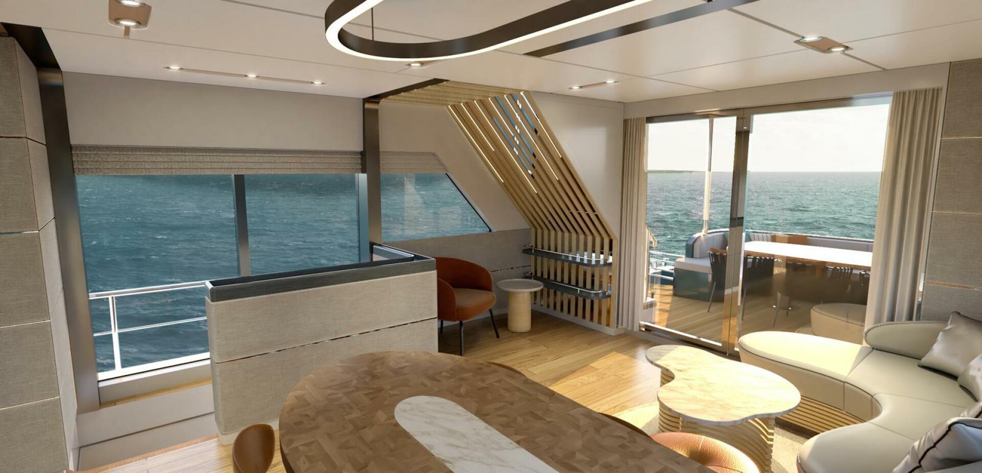 a room with a large window and a view of the ocean aboard VOYAGE ONE Yacht for Charter