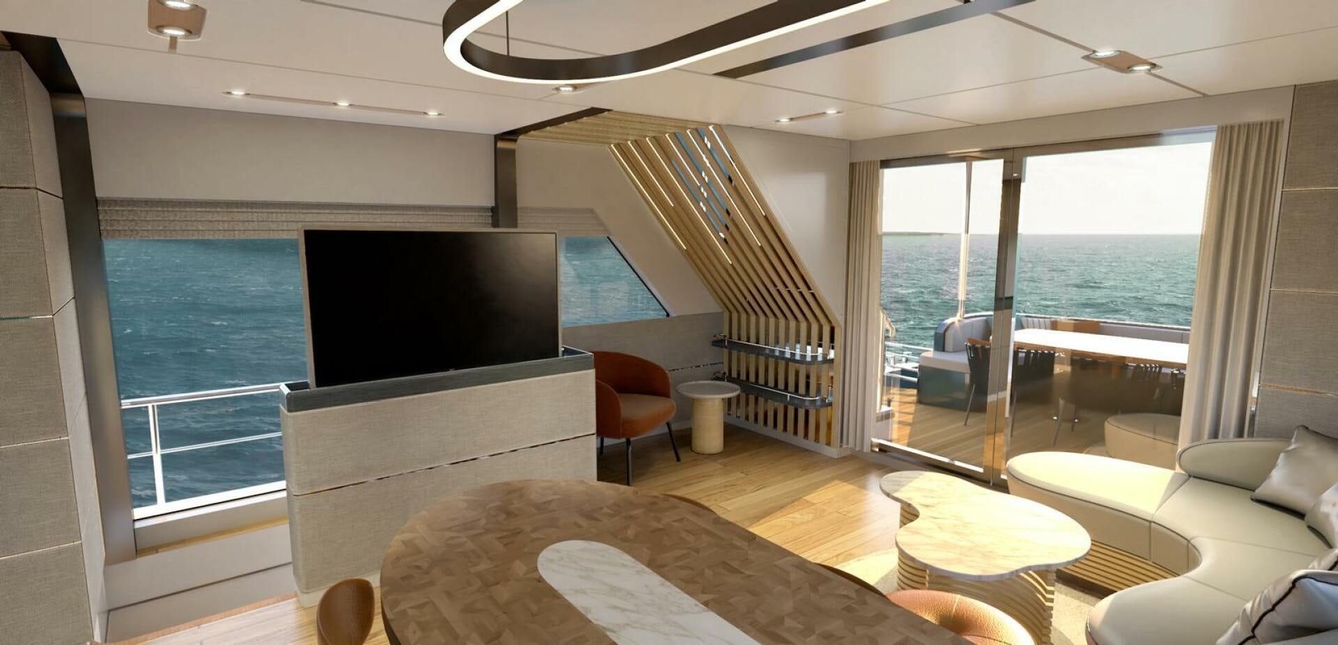 a living room with a large tv aboard VOYAGE ONE Yacht for Charter