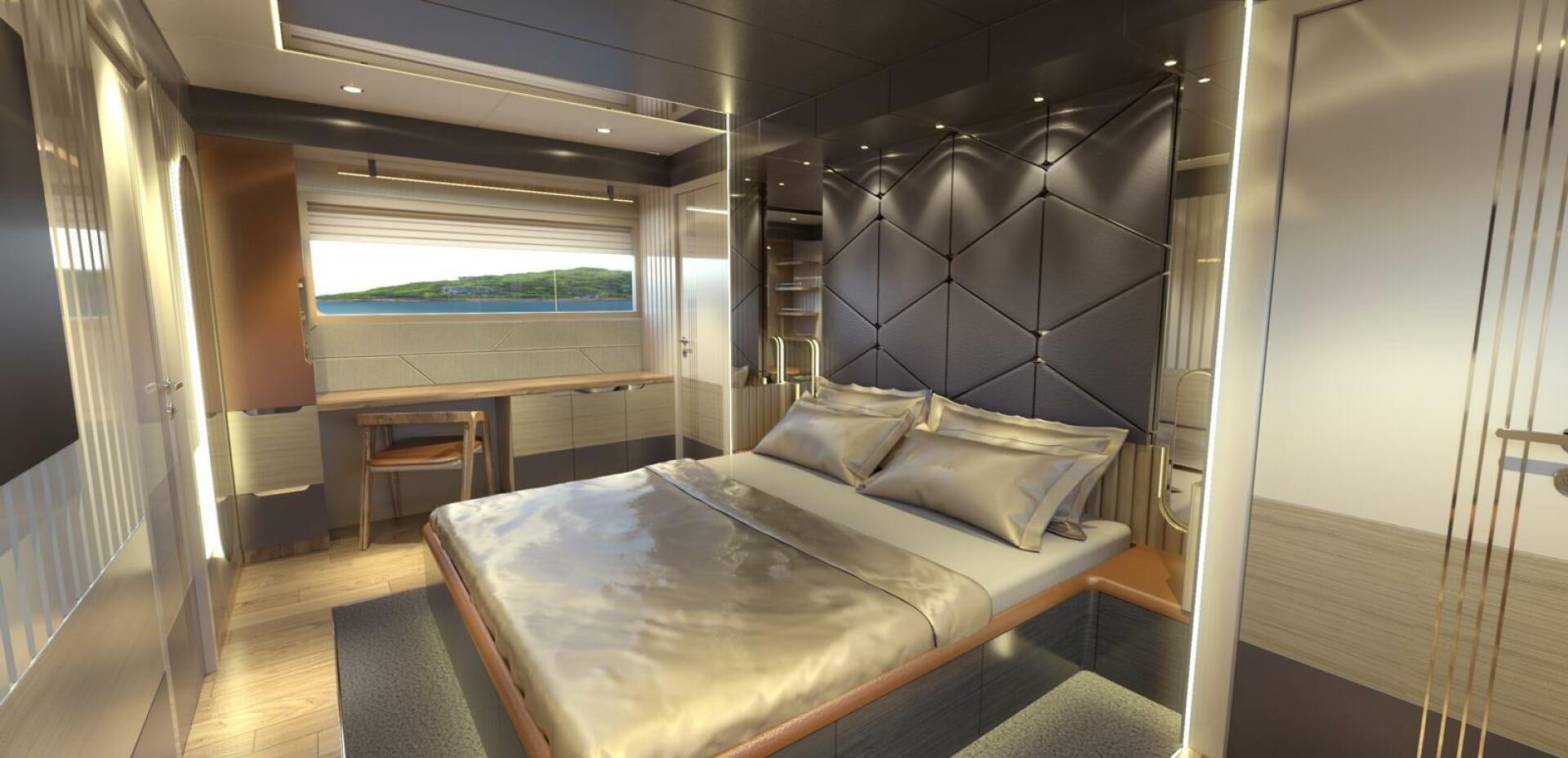 a room with a bed and a window aboard VOYAGE ONE Yacht for Charter