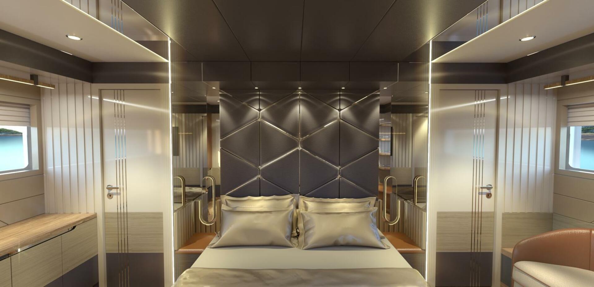 a room with a bed and a window aboard VOYAGE ONE Yacht for Charter