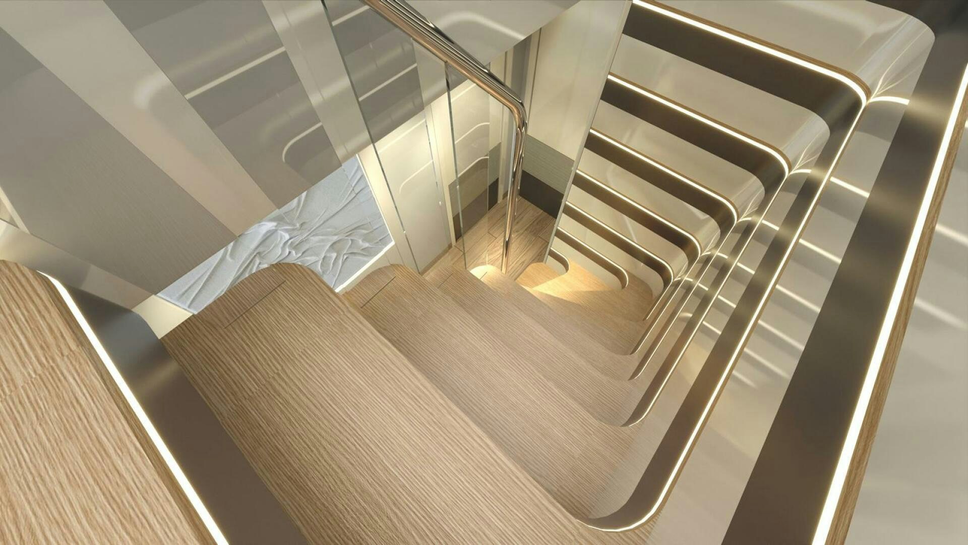 a staircase with a glass railing aboard VOYAGE ONE Yacht for Charter
