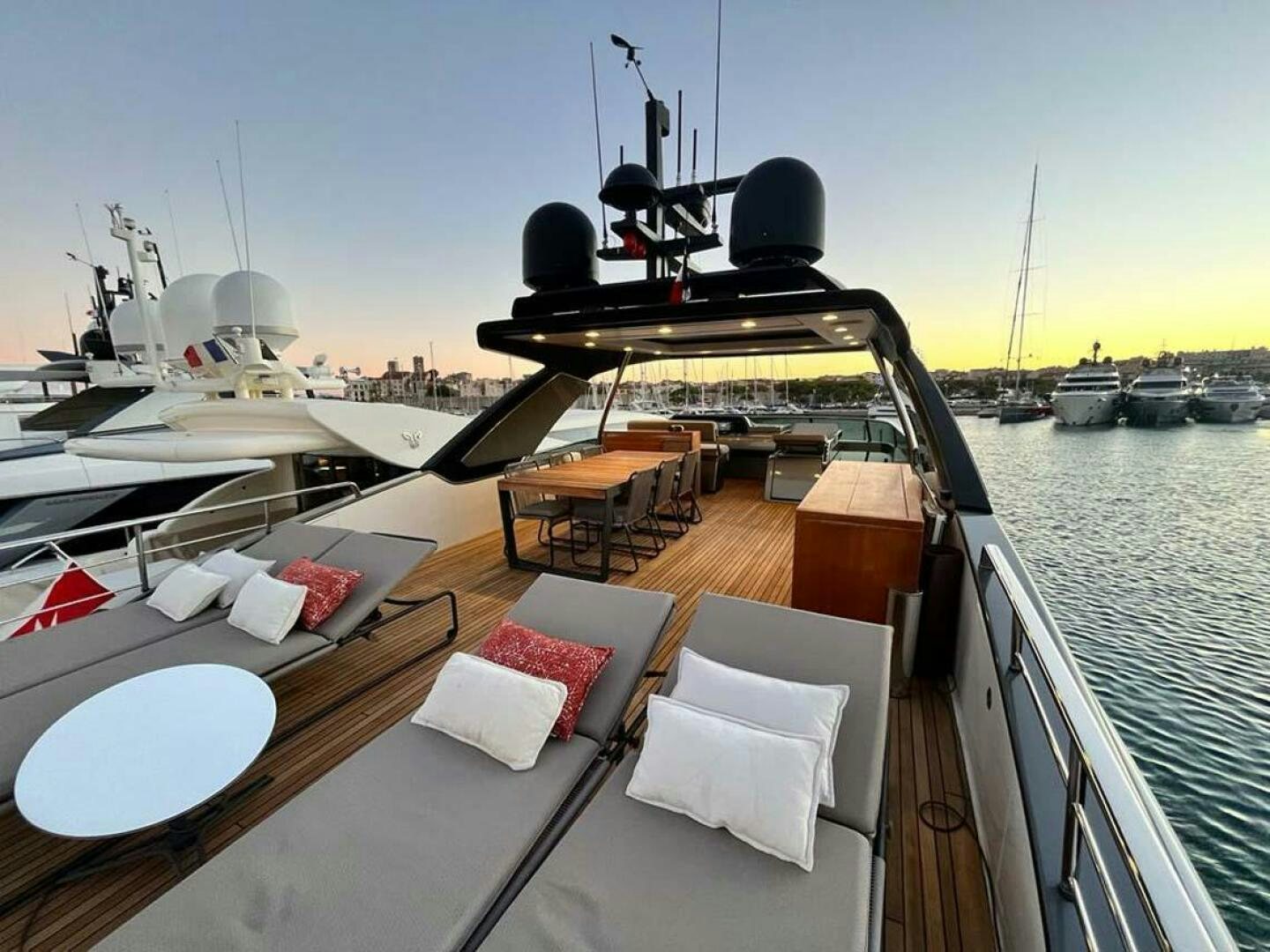 a boat with a satellite dish on it aboard SIGNE Yacht for Sale