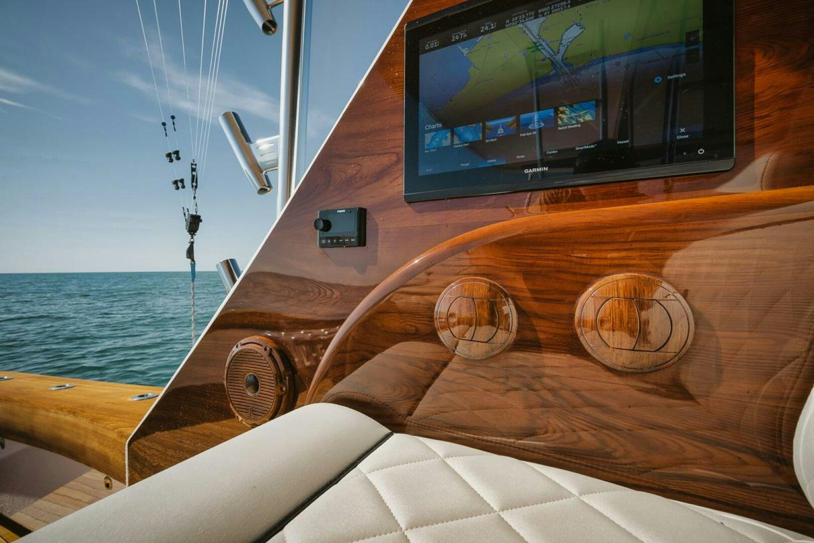 the front of a boat with a screen on the back aboard WHIRLWIND Yacht for Sale