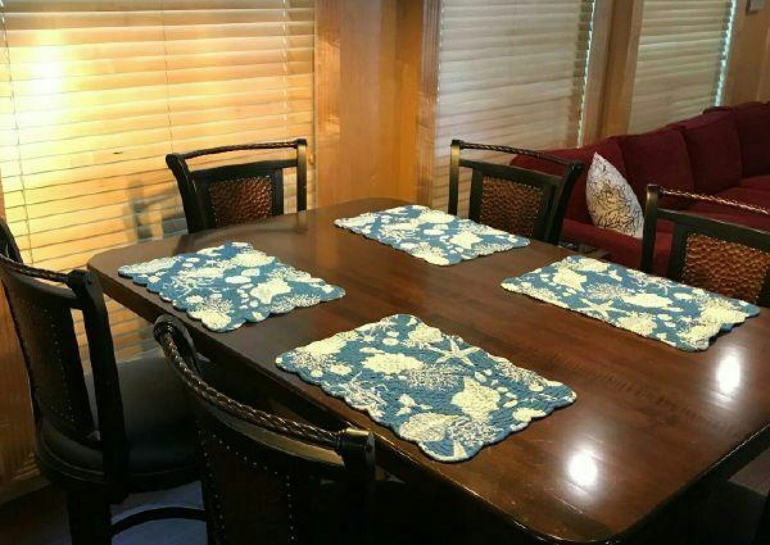a table with a tablecloth aboard ST. SOMEWHERE Yacht for Sale