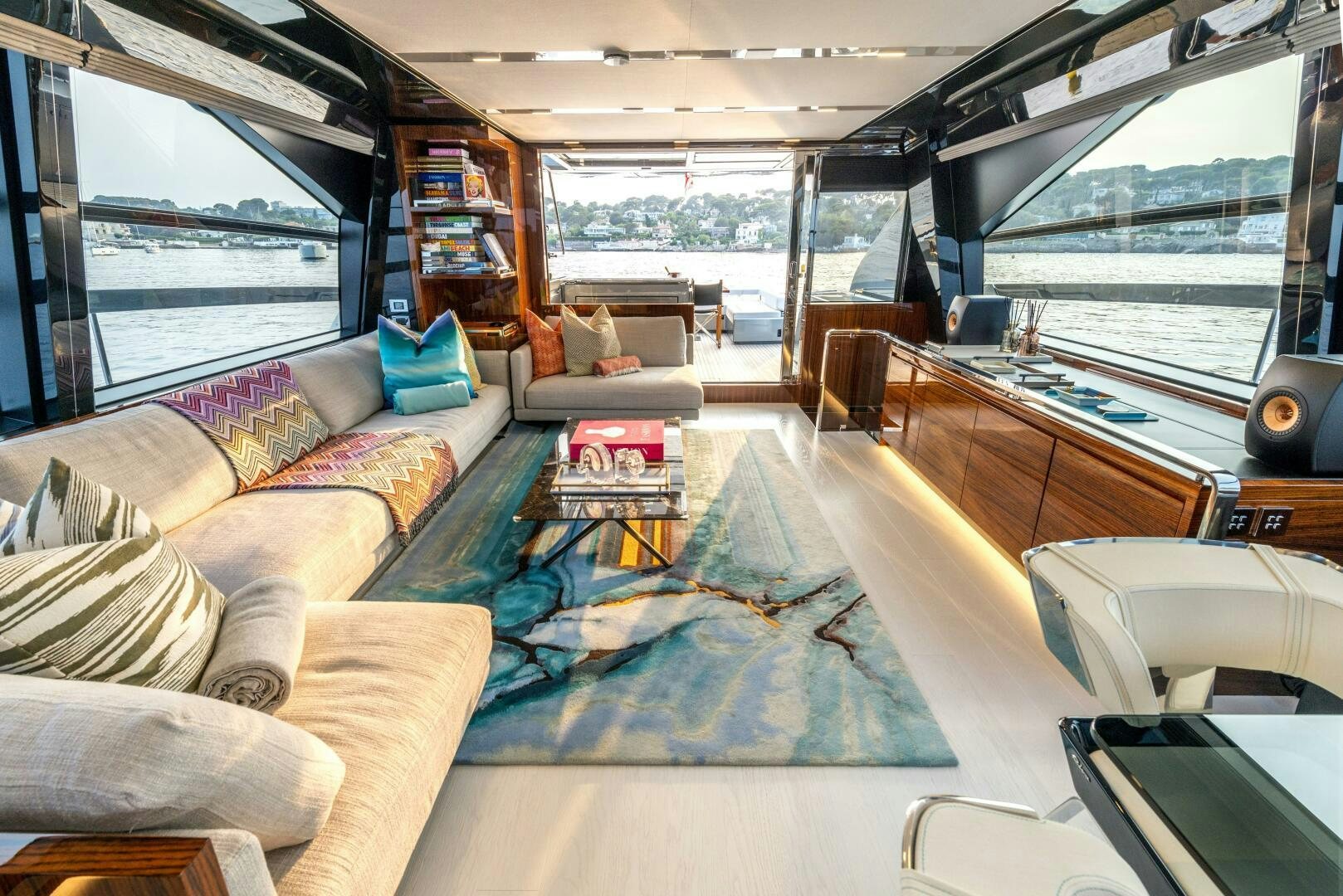 a living room with a large window aboard GECUA Yacht for Sale