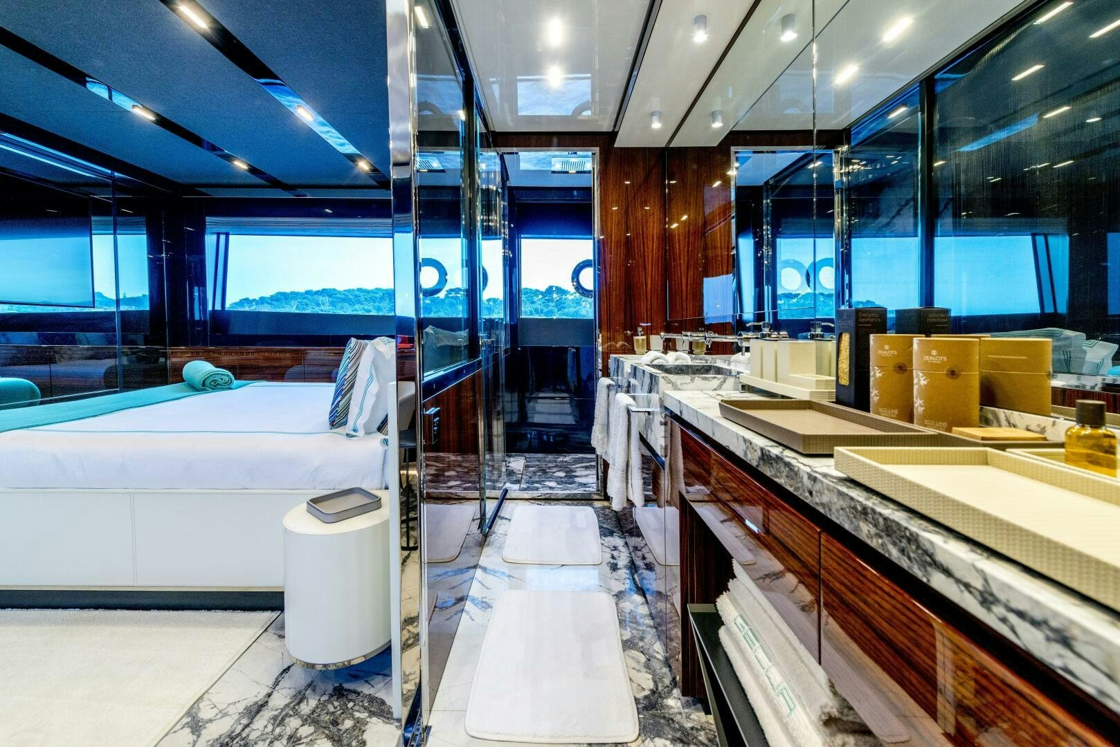 a bathroom with a large countertop aboard GECUA Yacht for Sale