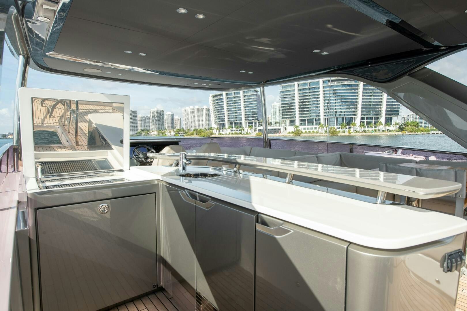 a kitchen with a large window aboard OUR ALEPH Yacht for Sale