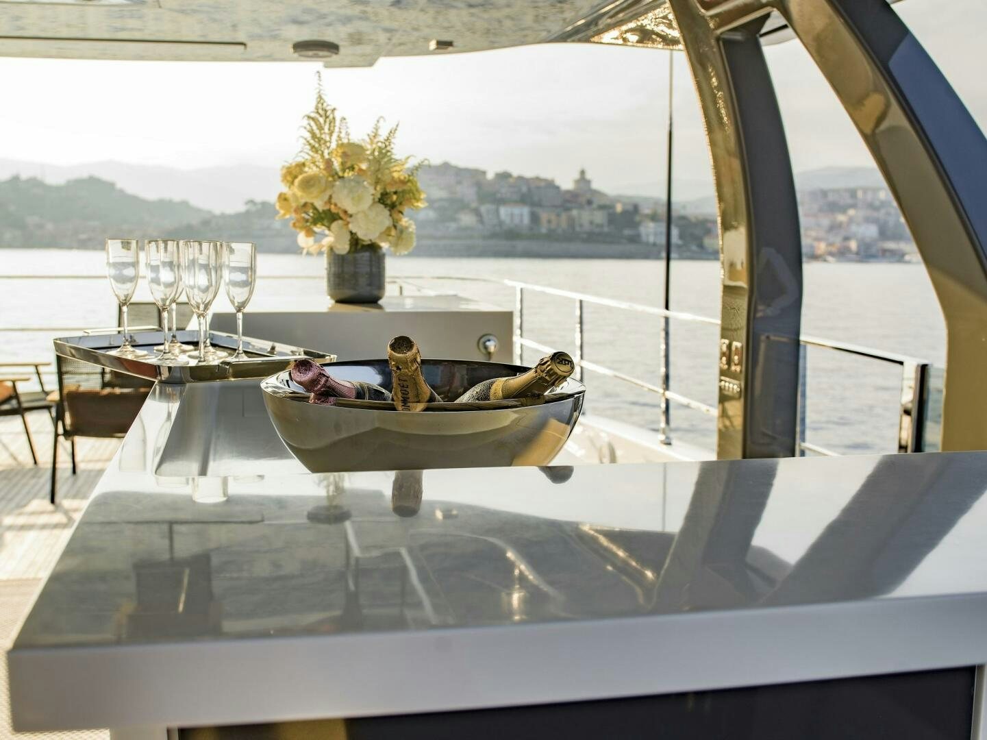 a couple of people in a boat on a large body of water aboard MARIA THERESA Yacht for Sale