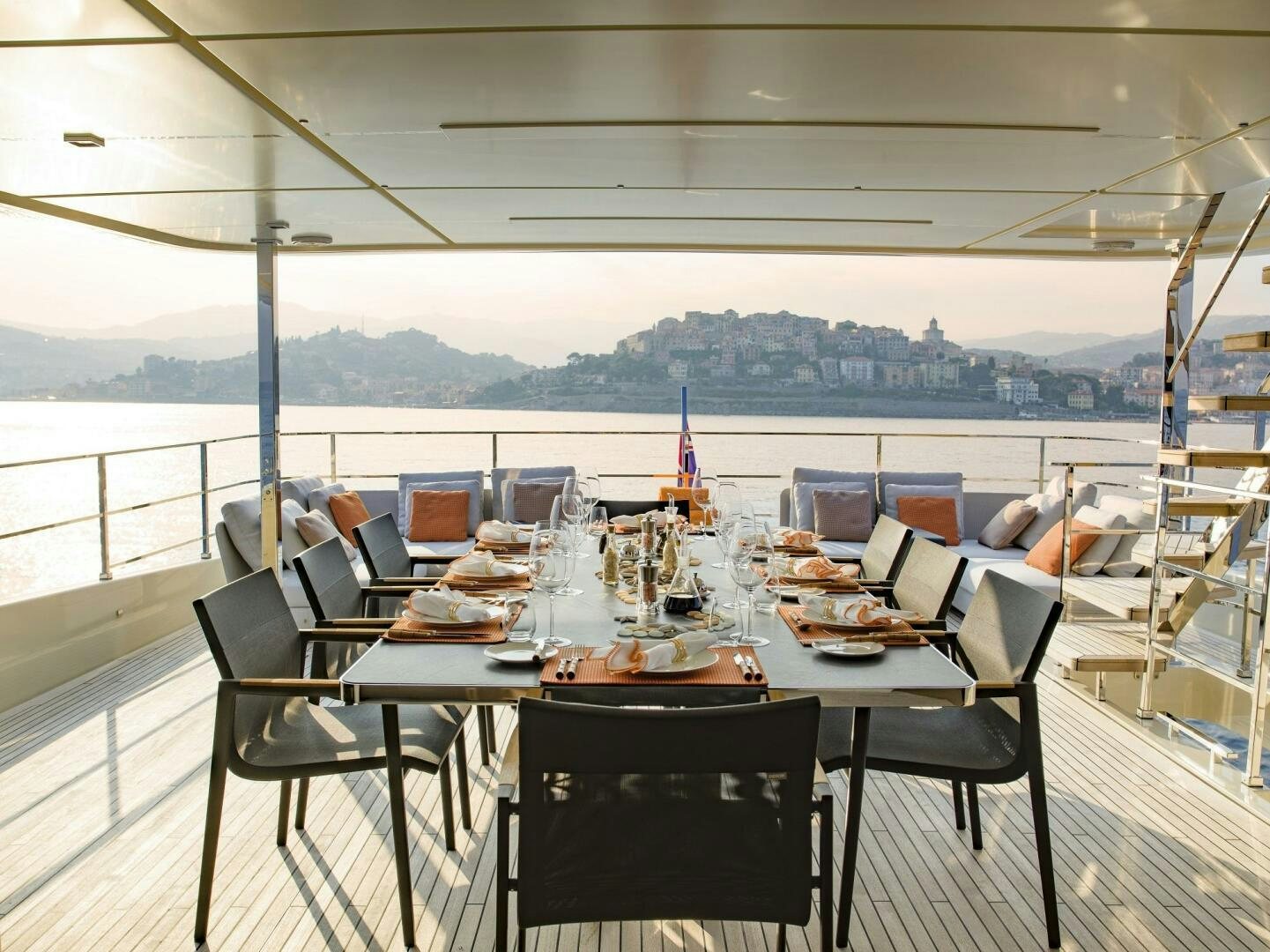 a table set for a meal aboard MARIA THERESA Yacht for Sale