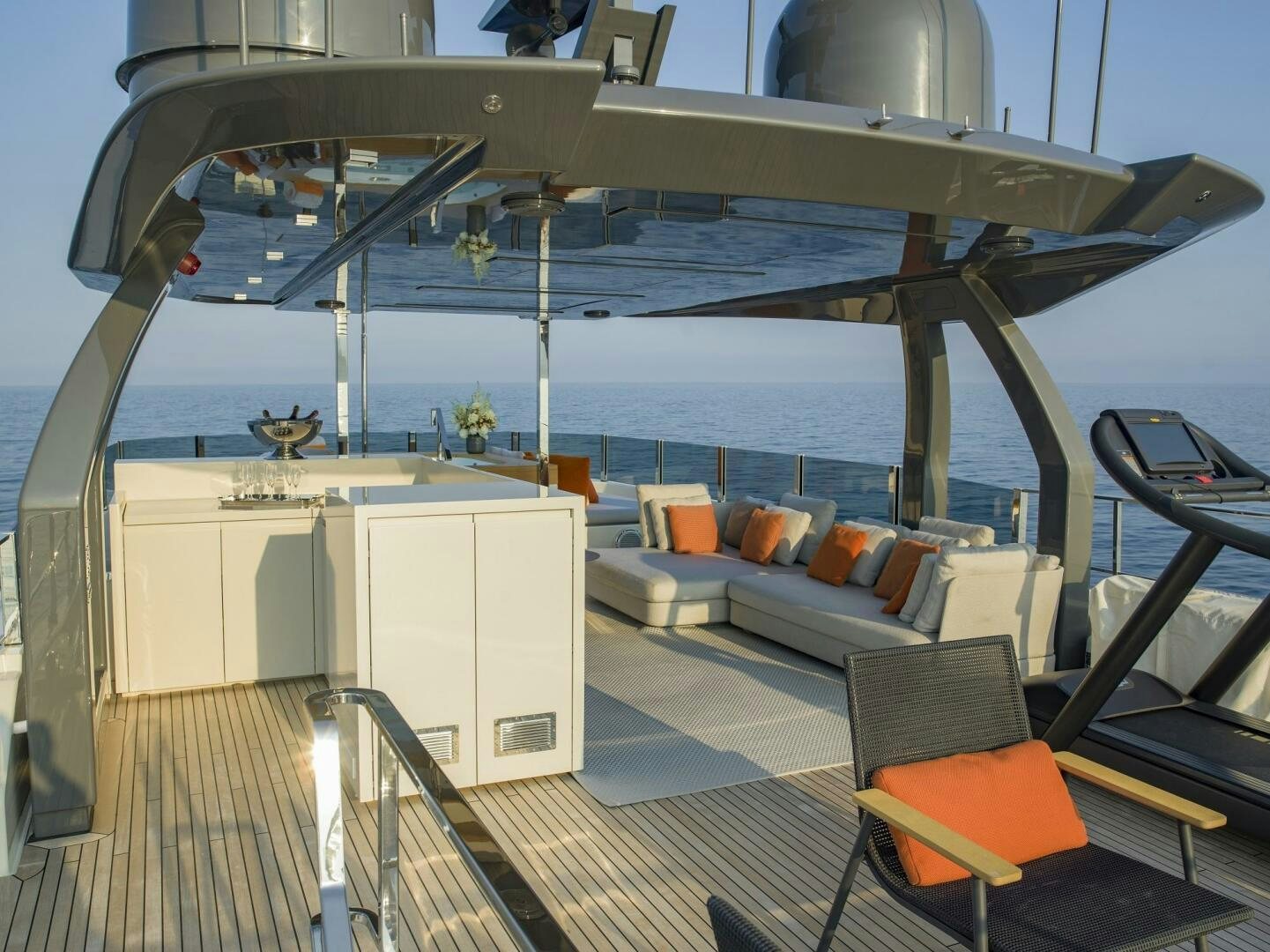 a boat with a desk and chairs aboard MARIA THERESA Yacht for Sale