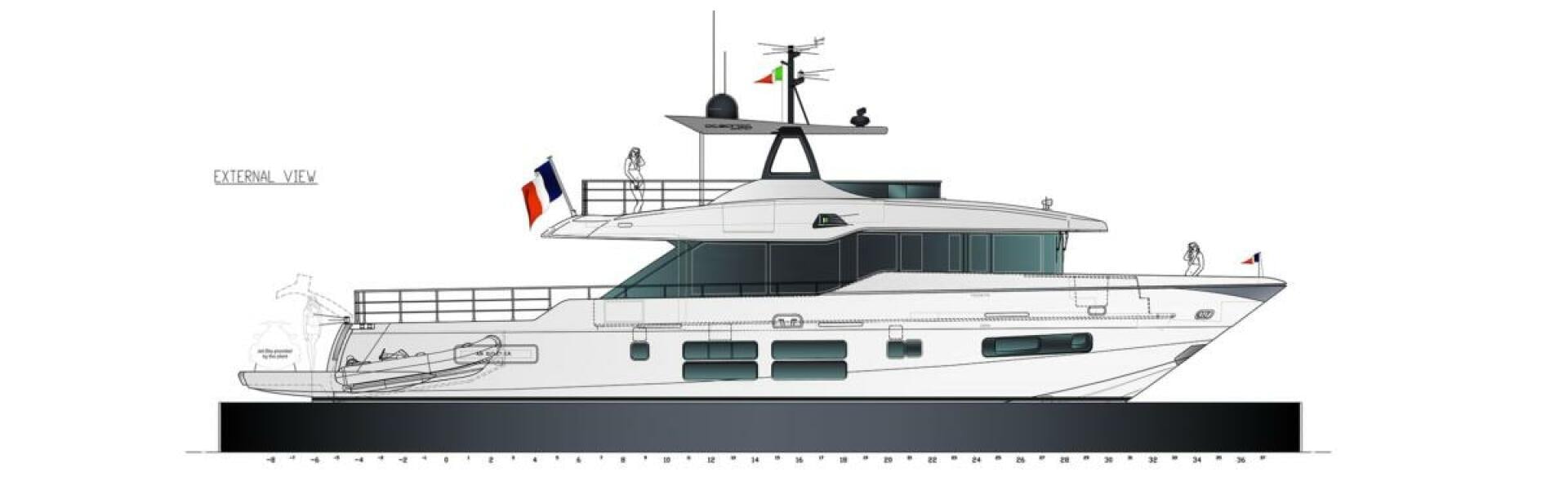 a white boat with a flag on it aboard OCEANIC 76' GT Yacht for Sale