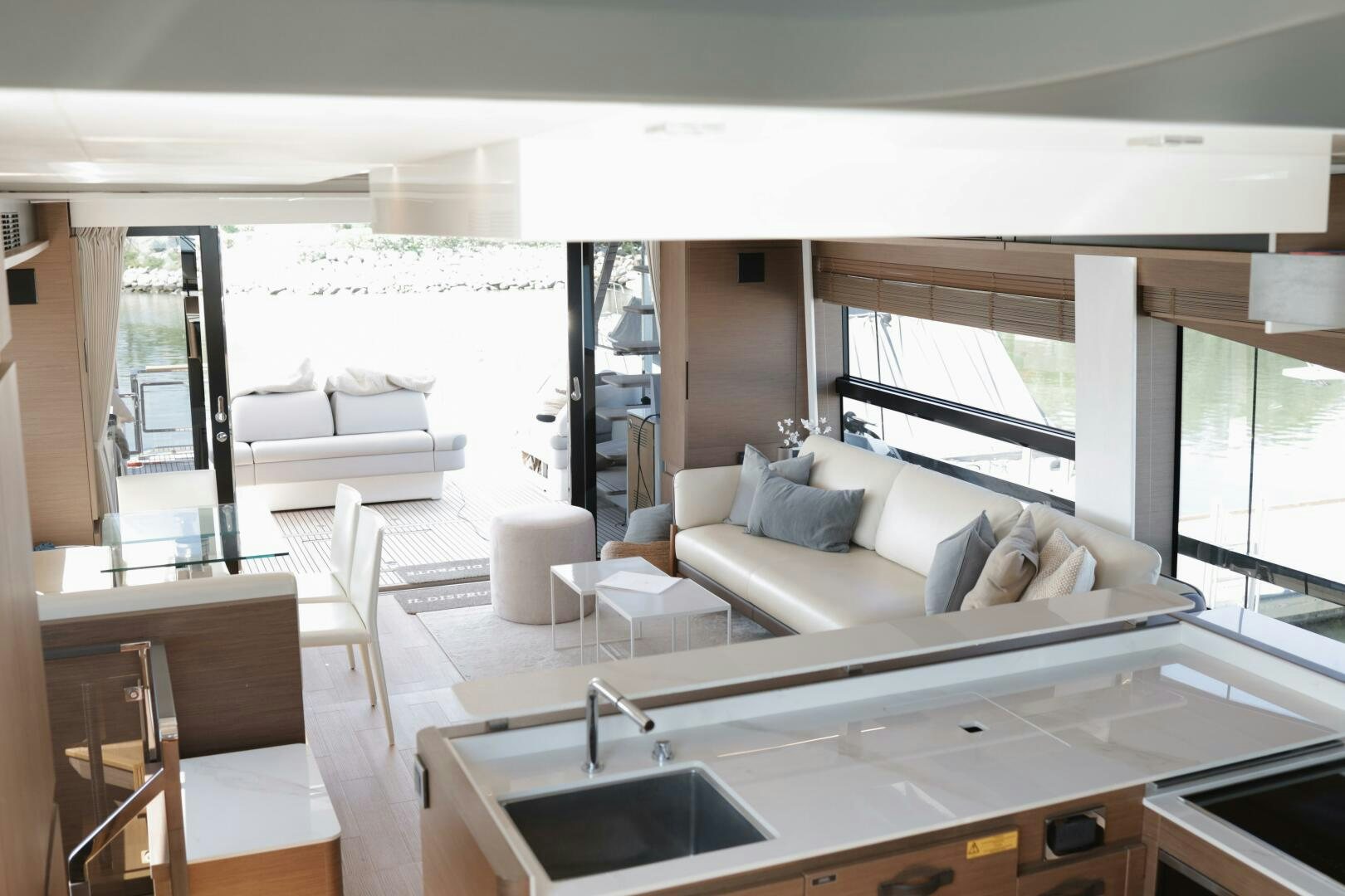 a modern looking living room aboard IL DISFRUTE Yacht for Sale