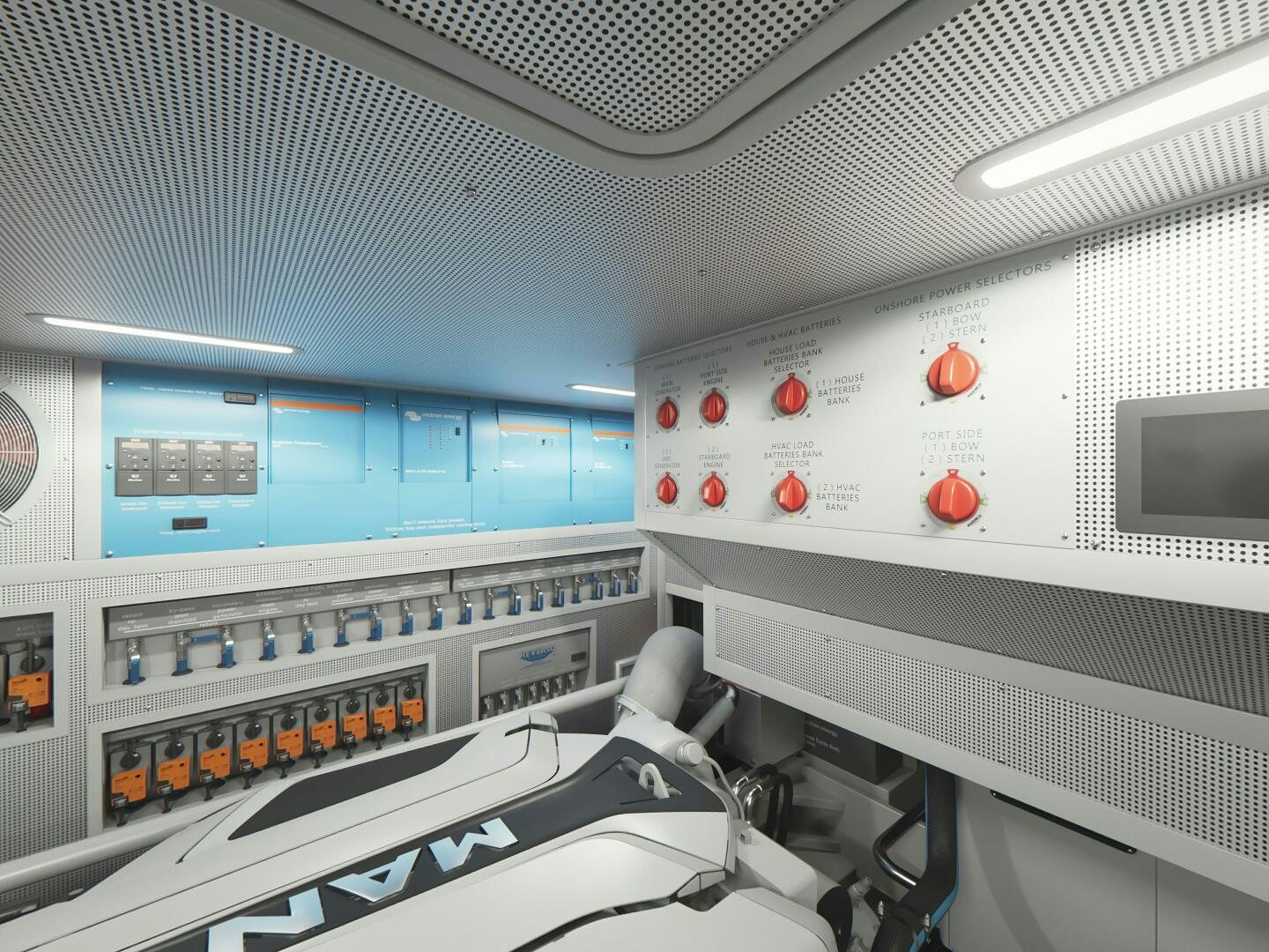 a row of white machines aboard CORMORANT Yacht for Sale