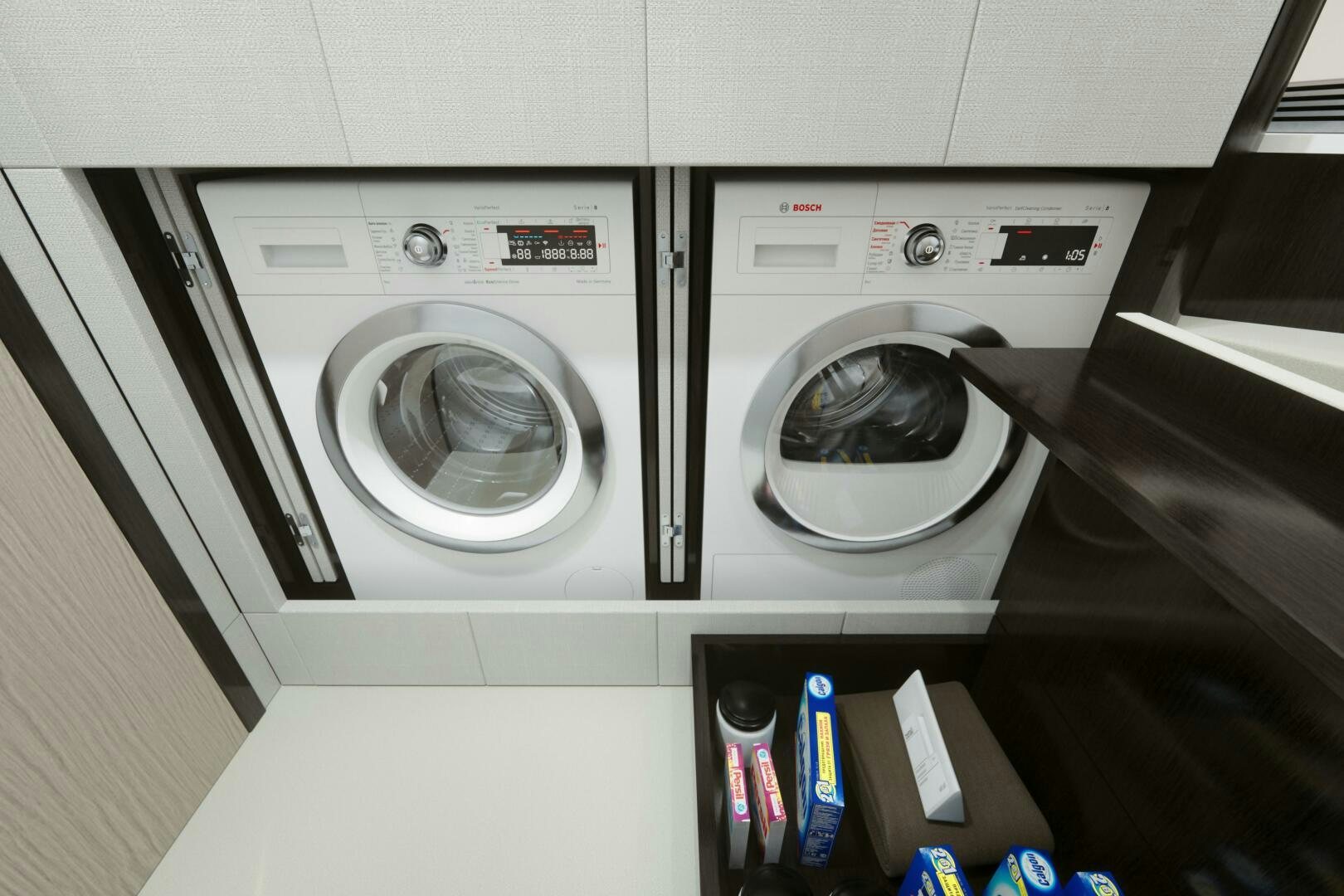 a washing machine and dryer aboard CORMORANT Yacht for Sale
