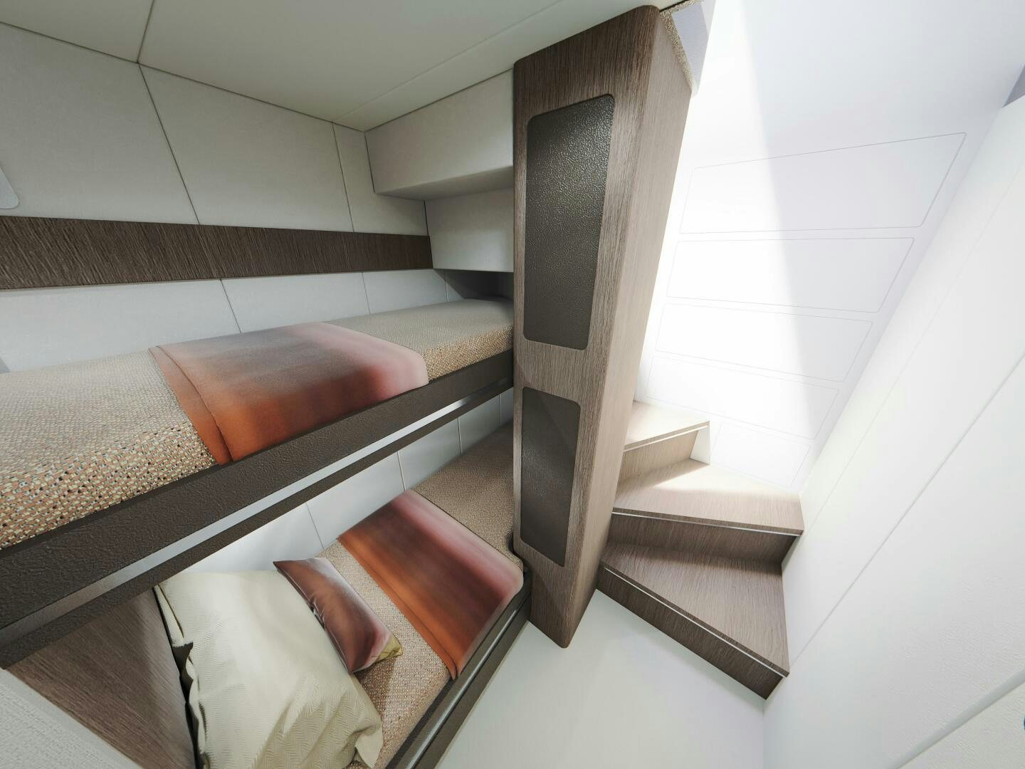 a staircase with a wood railing aboard CORMORANT Yacht for Sale