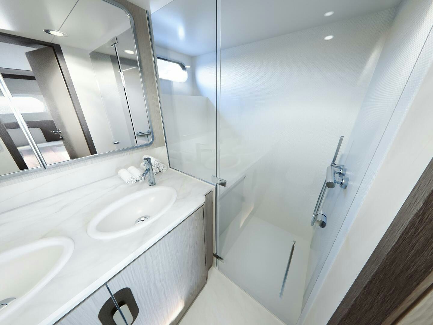 a bathroom with a large mirror aboard CORMORANT Yacht for Sale