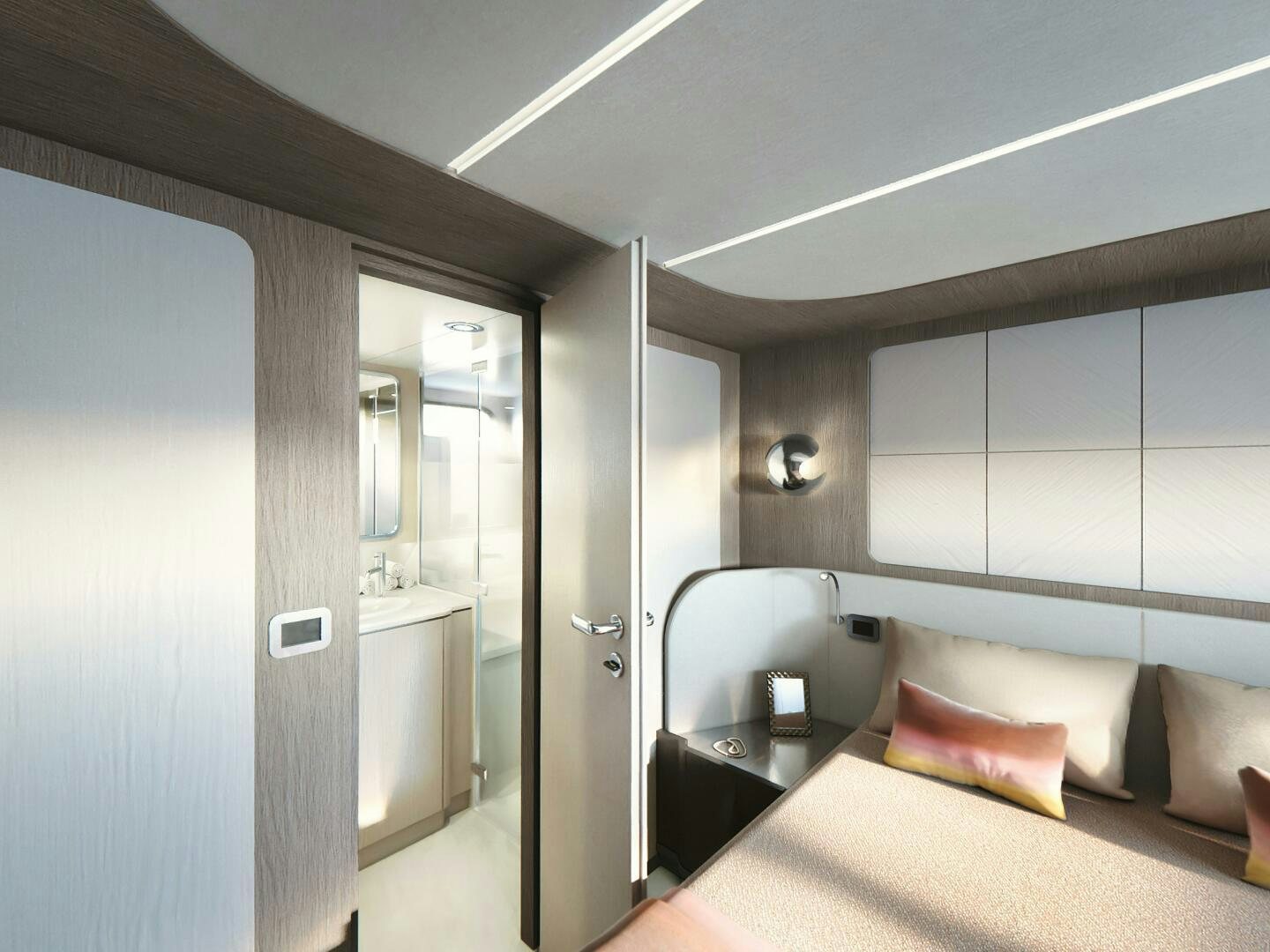 a room with a bed and a sink aboard CORMORANT Yacht for Sale