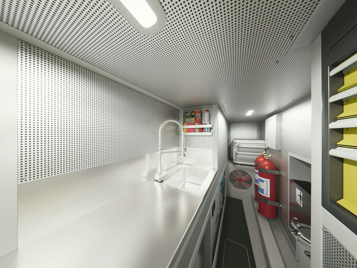 a kitchen with a large white counter aboard CORMORANT Yacht for Sale