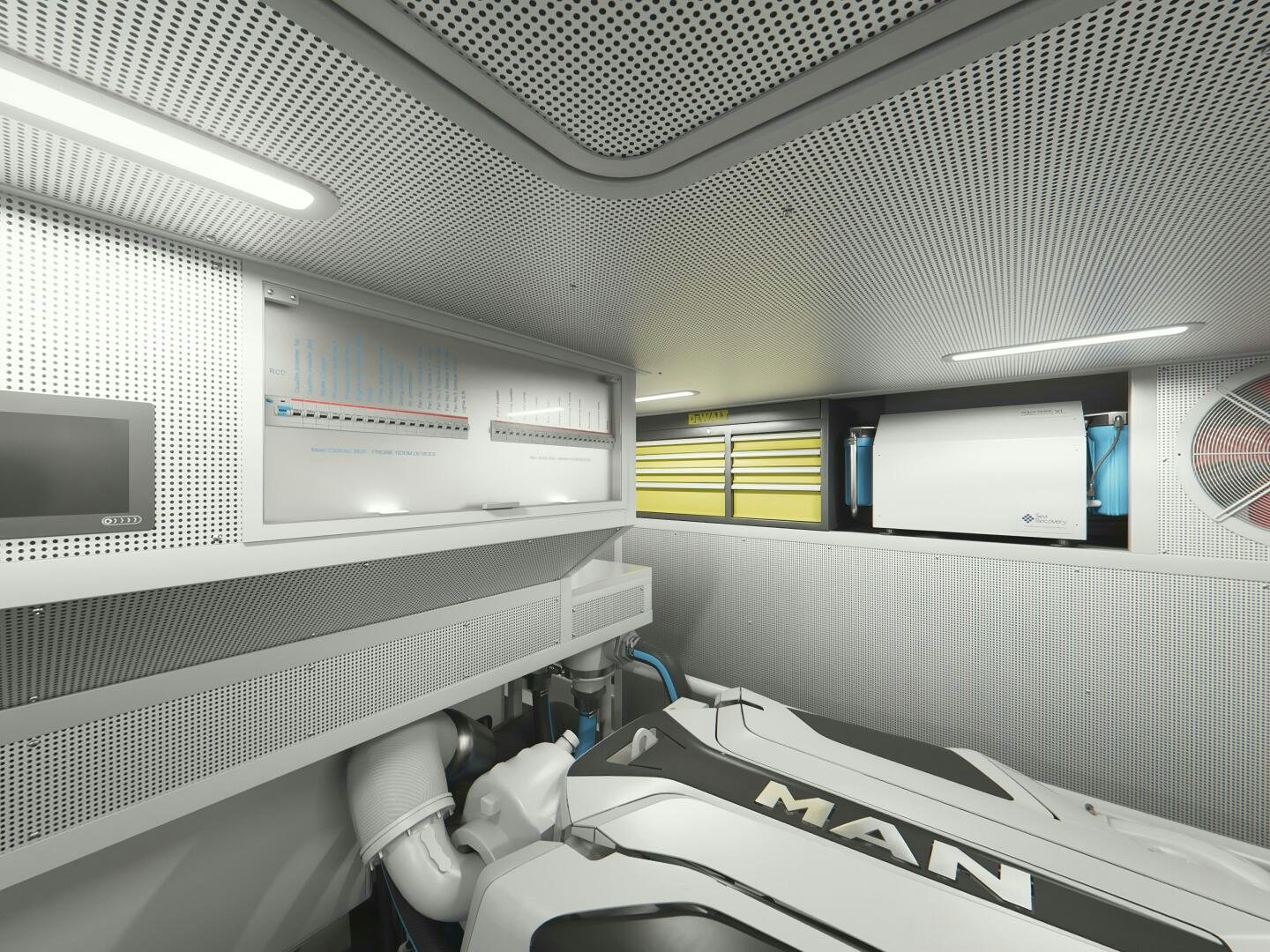 a room with a computer and a desk aboard CORMORANT Yacht for Sale