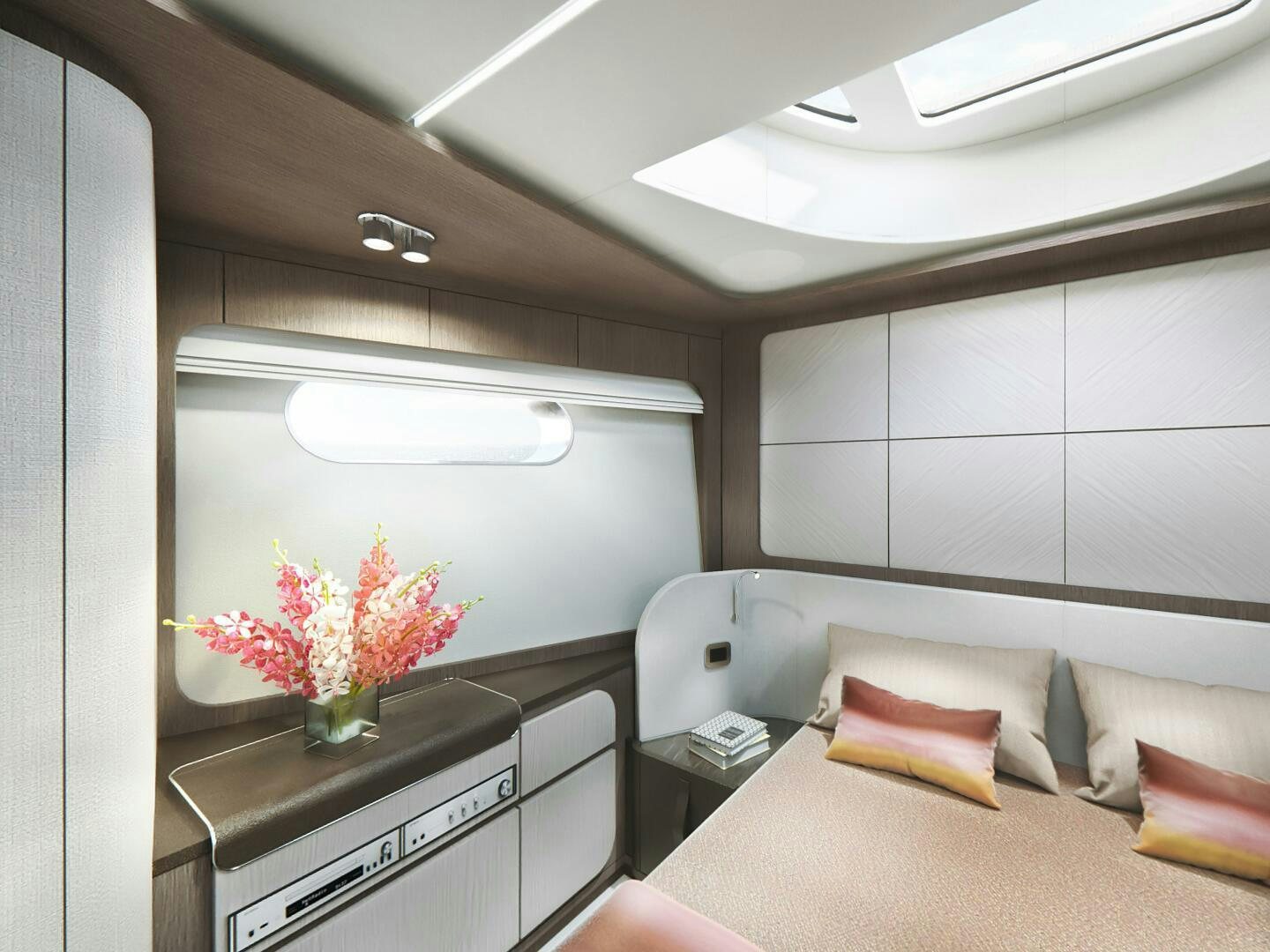 a room with a bed and a desk aboard CORMORANT Yacht for Sale