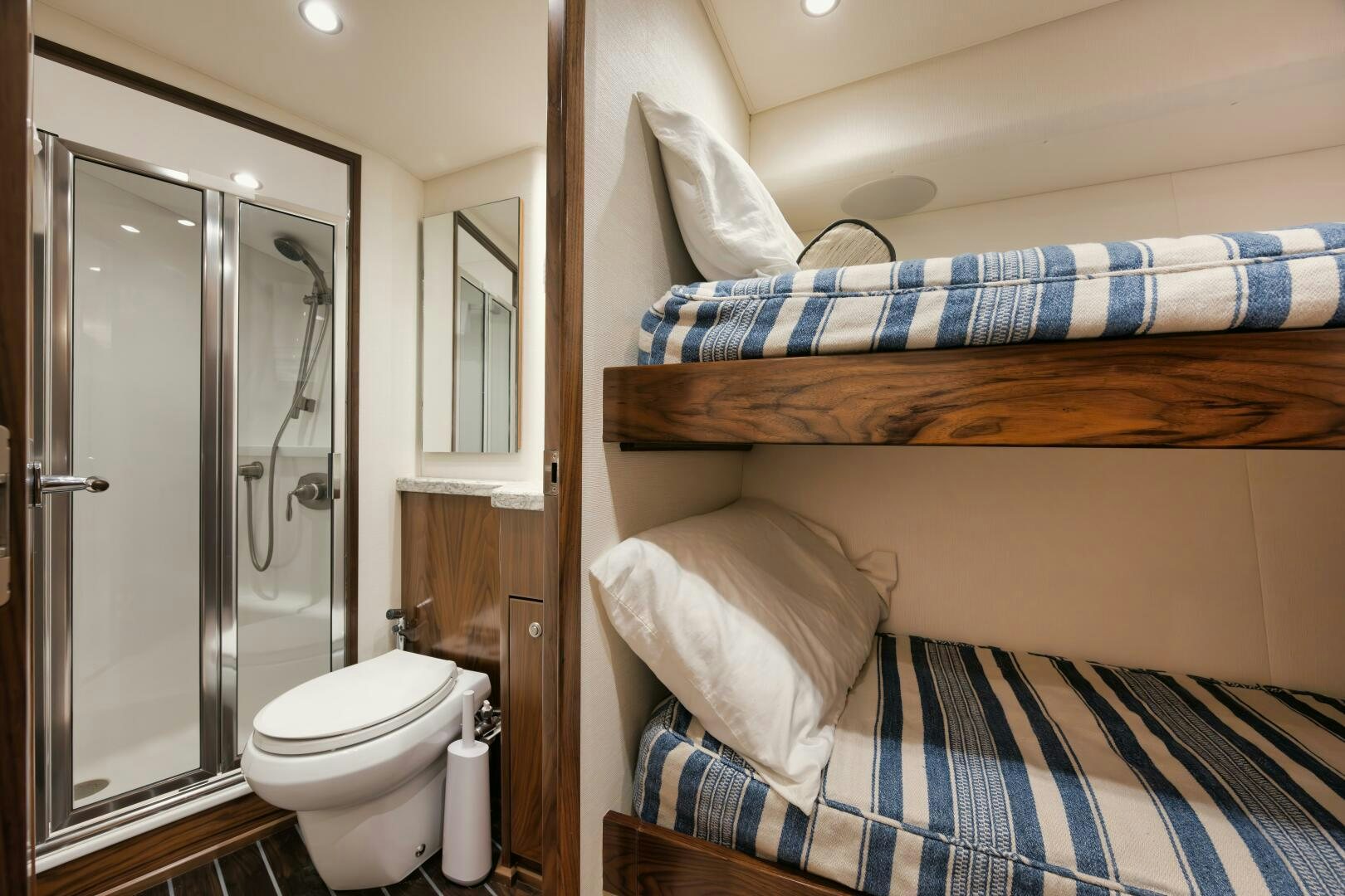 a bathroom with a glass shower aboard DOUBLE SHOT Yacht for Sale