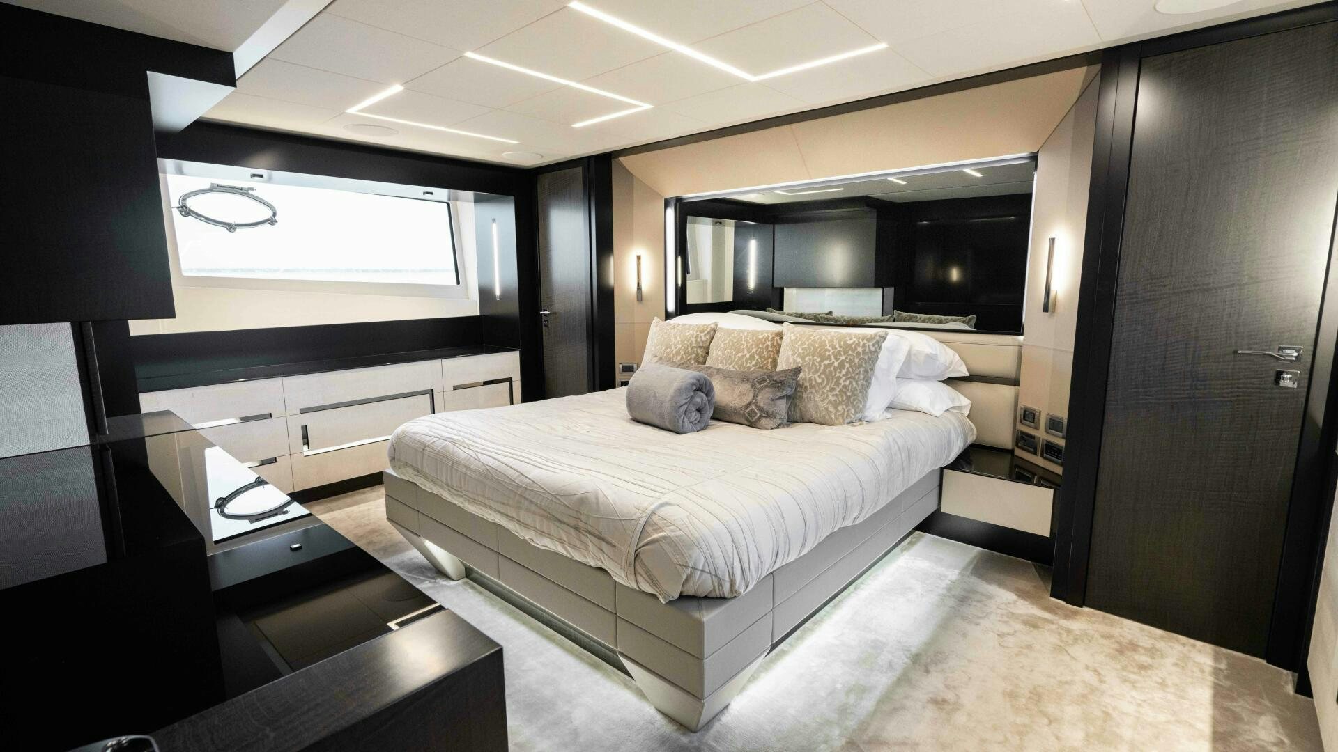 a bed in a room aboard STALLION Yacht for Sale