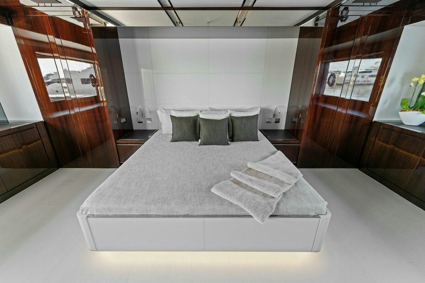 a bed with a white sheet aboard 110' RIVA DOLCEVITA 2024 Yacht for Sale