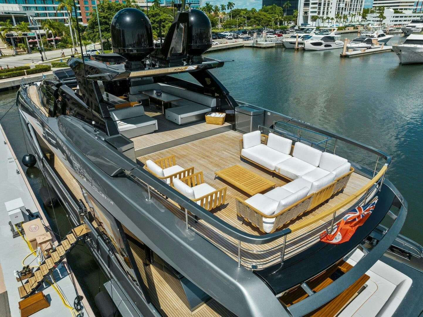 a large metal ship with a large metal cylinder on the deck aboard 110' RIVA DOLCEVITA 2024 Yacht for Sale