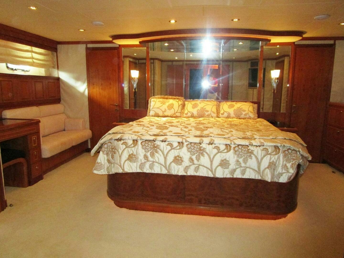 a bed in a room aboard LADY D Yacht for Sale