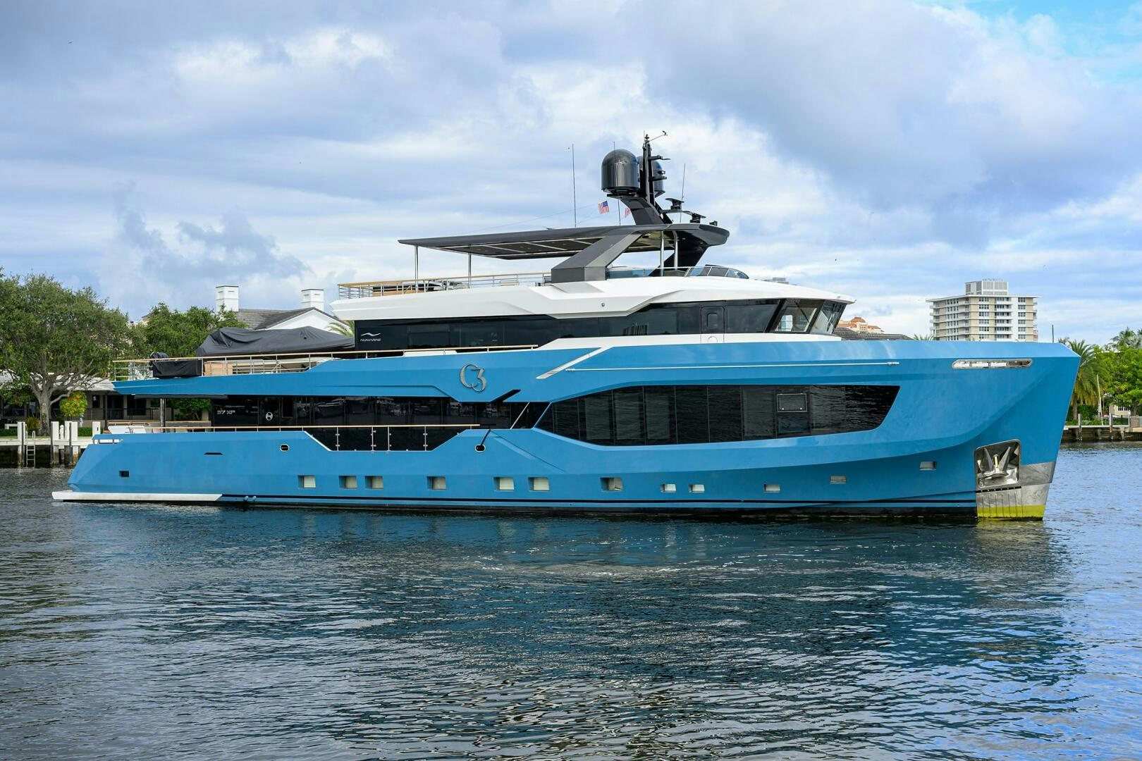 a large boat on the water aboard AMORE Yacht for Sale