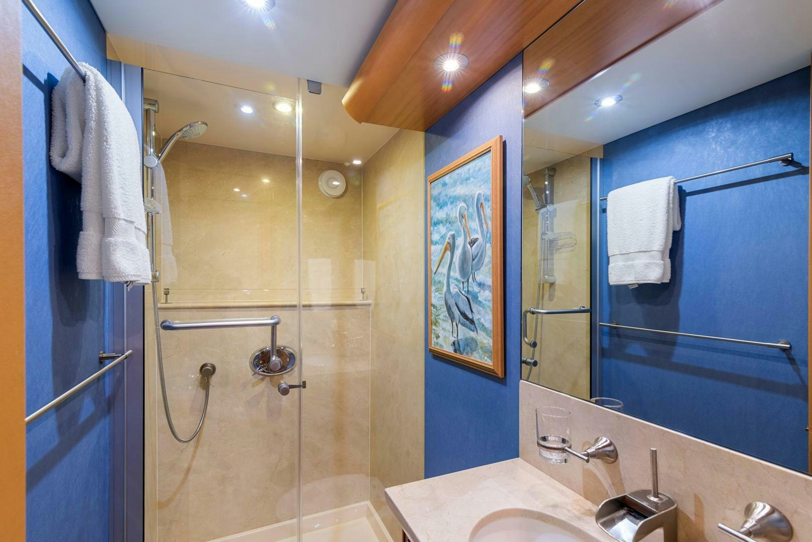 a bathroom with a shower and a sink aboard SERENITY Yacht for Sale