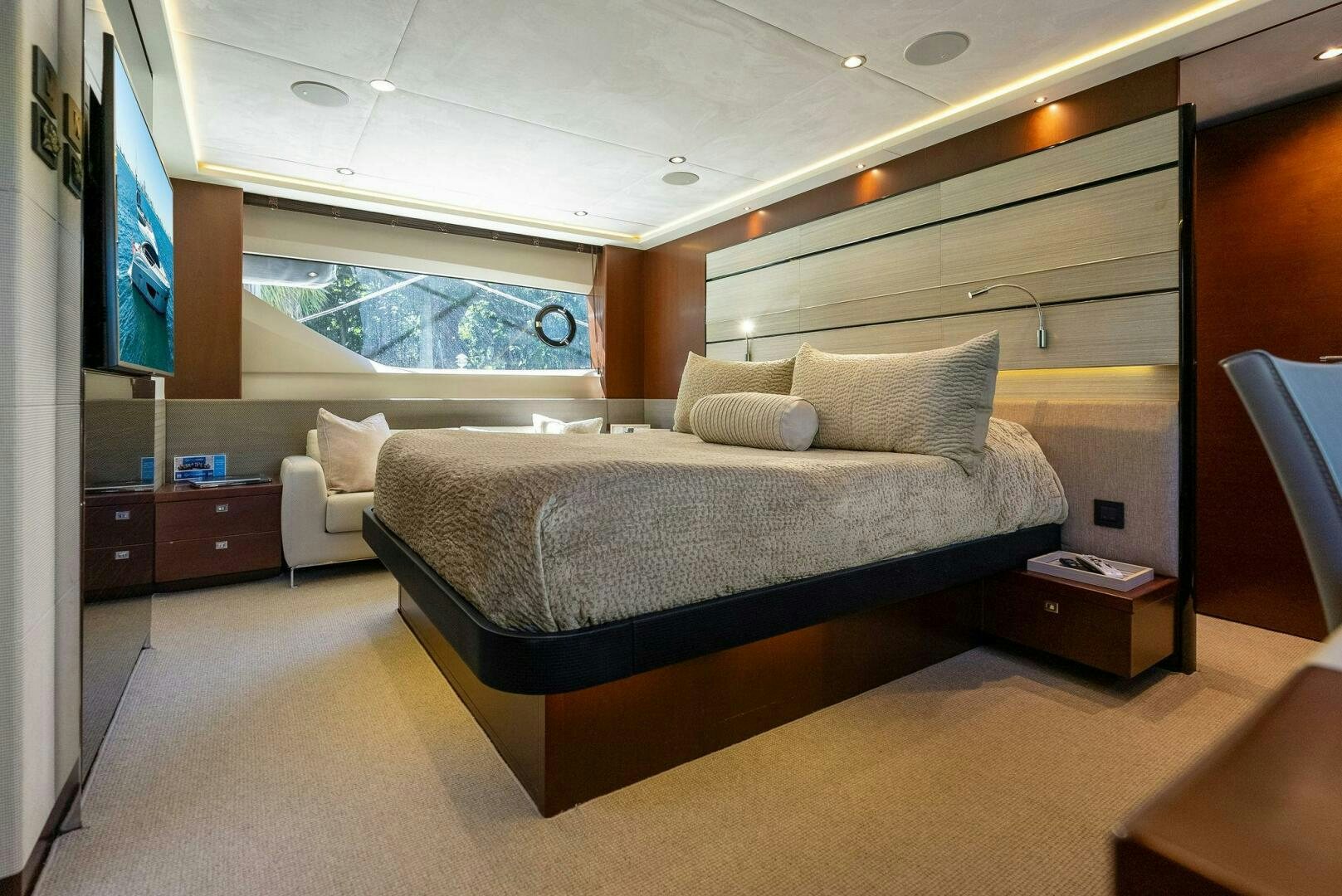 a bed in a room aboard WOODY Yacht for Sale