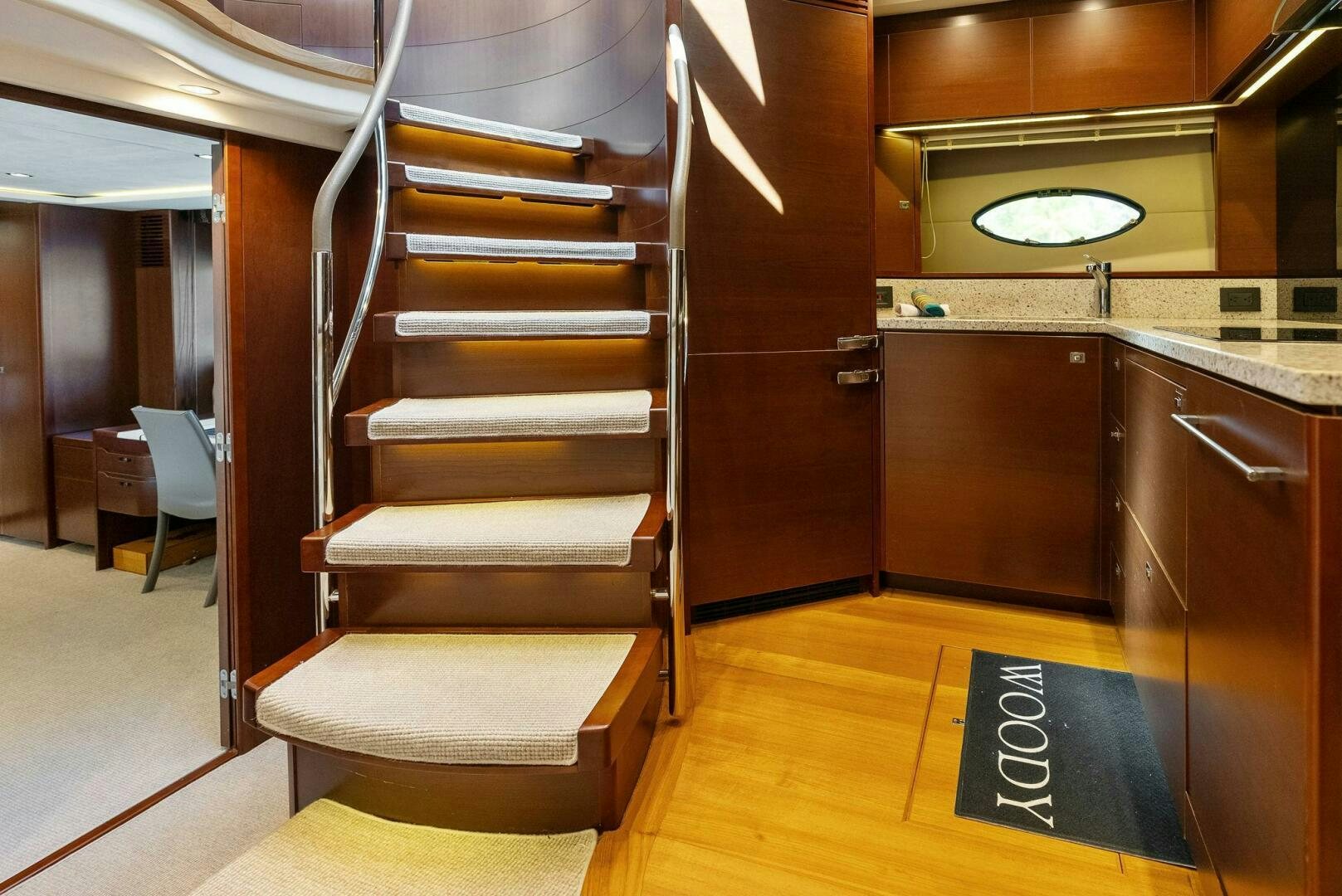 a staircase in a room aboard WOODY Yacht for Sale