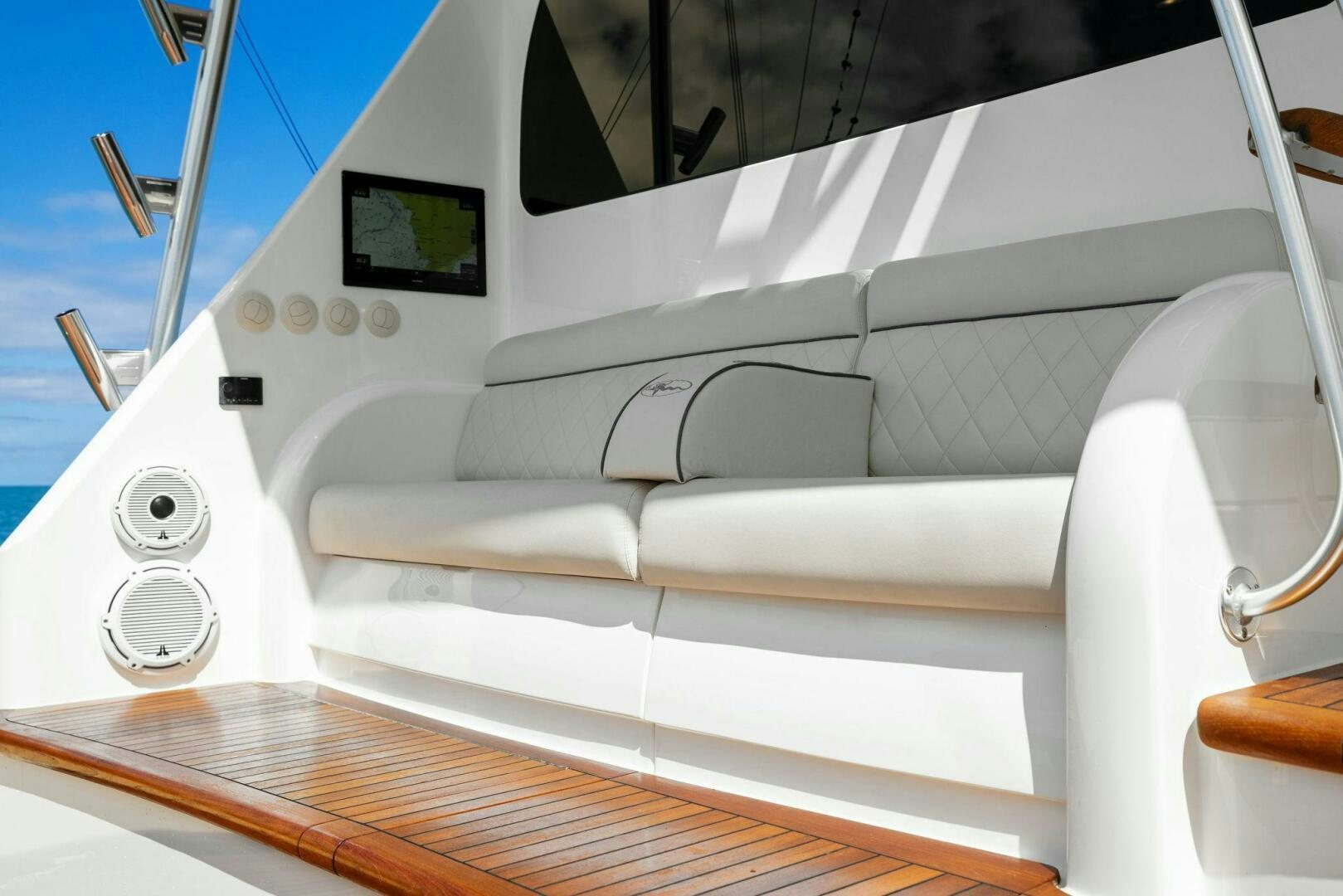 the interior of a white car aboard PLAN B Yacht for Sale