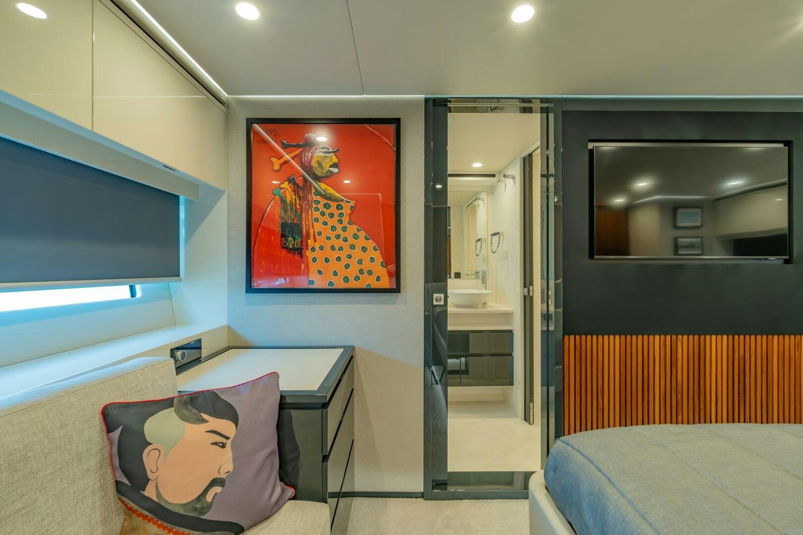 a room with a bed and a desk aboard BIG MAMA Yacht for Sale