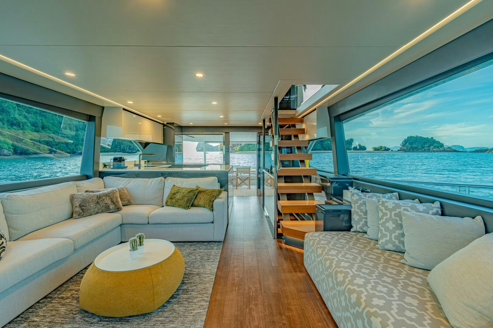 a living room with a large window aboard BIG MAMA Yacht for Sale
