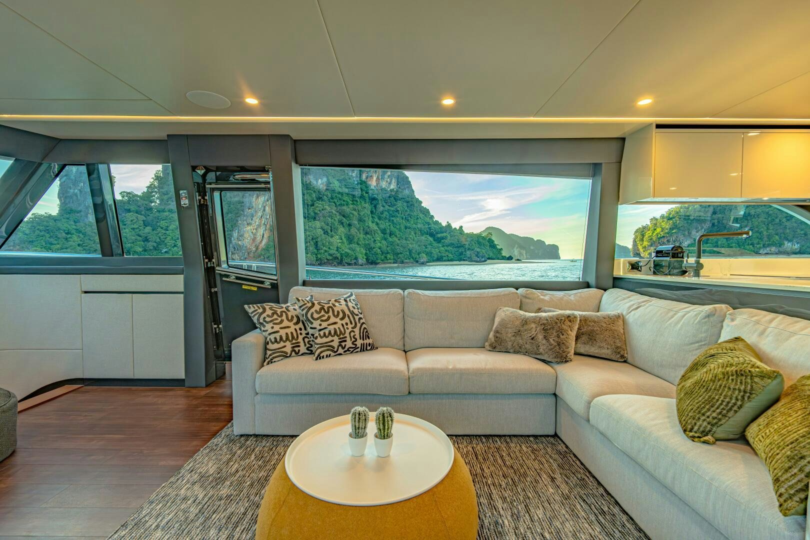 a living room with a large window aboard BIG MAMA Yacht for Sale