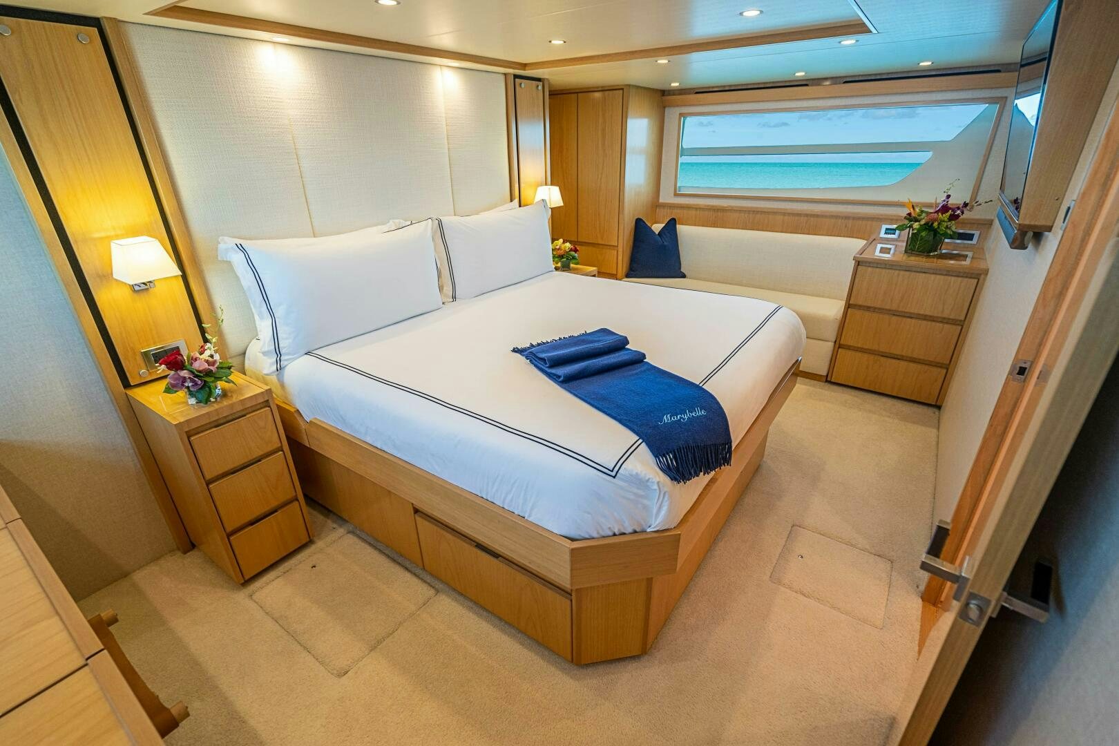 a bed in a room aboard MARYBELLE Yacht for Sale