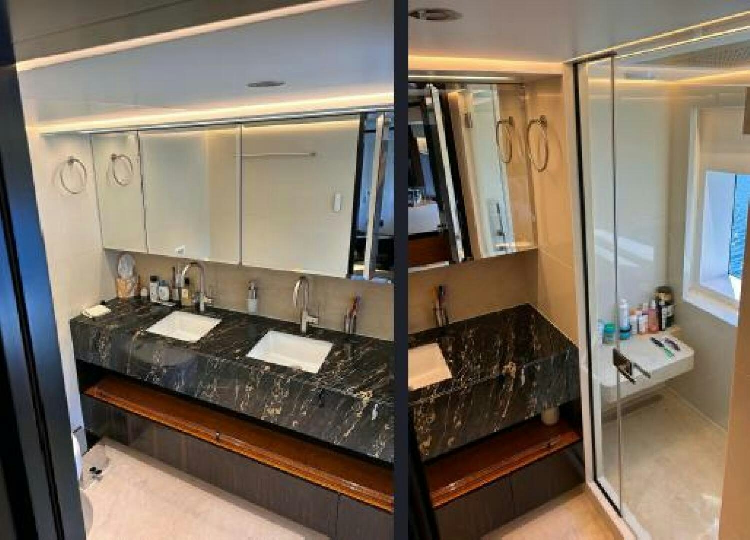 a kitchen with a large counter aboard PITERLAND II Yacht for Sale