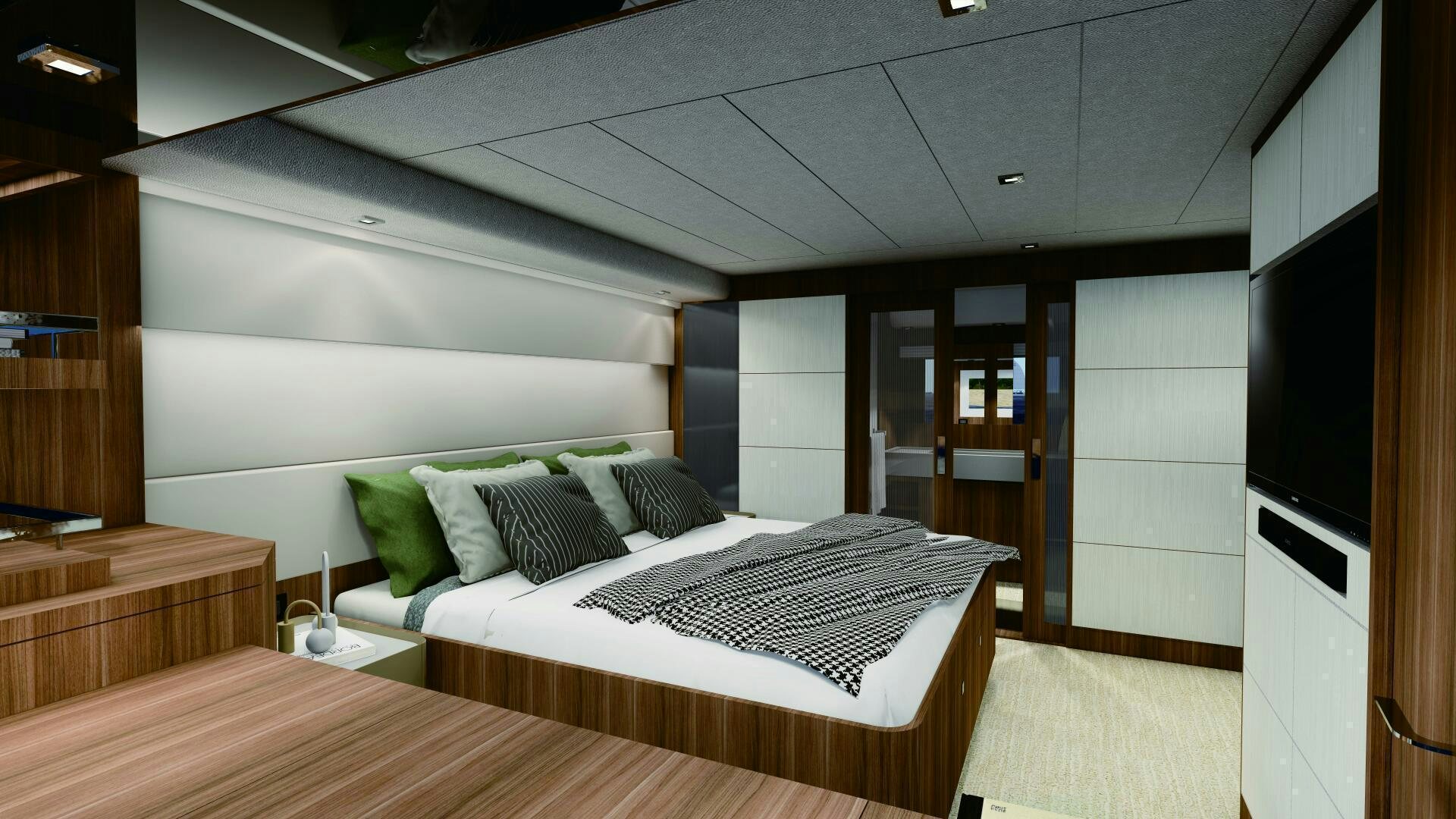 a bed in a room aboard V77S 610 Yacht for Sale