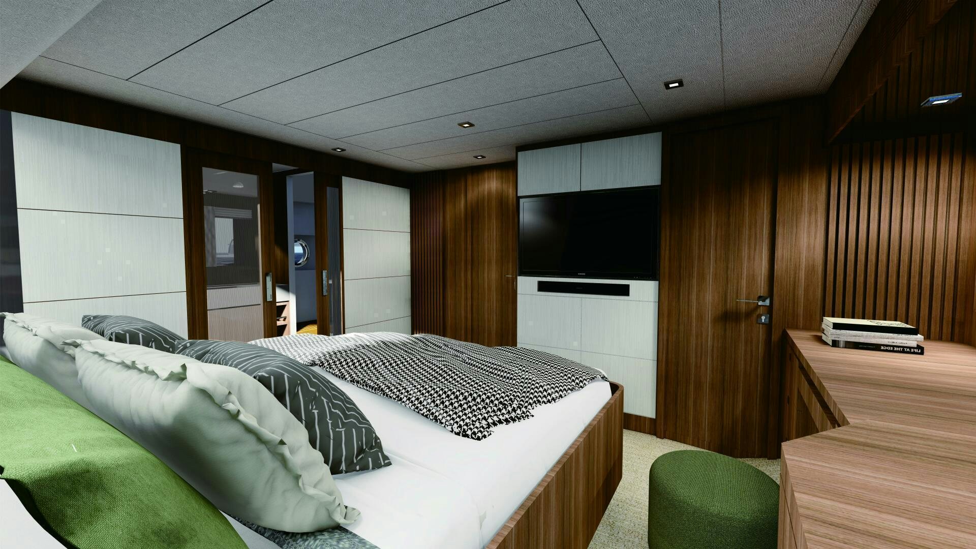 a room with a bed and desk aboard V77S 610 Yacht for Sale