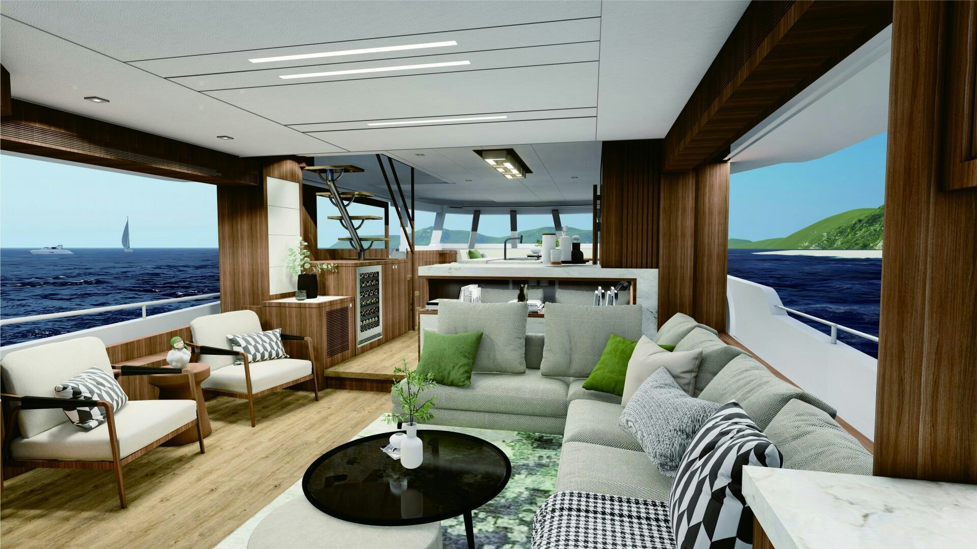 a living room with a large body of water aboard V77S 610 Yacht for Sale