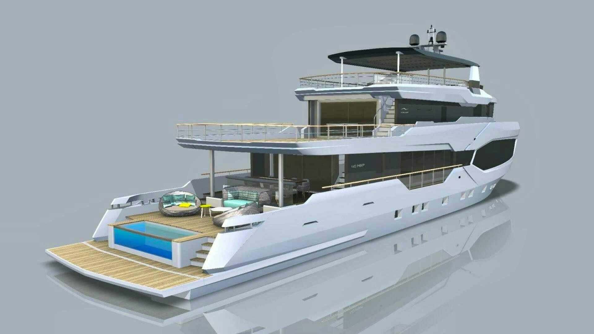 a white boat with a blue roof aboard NUMARINE 40MXP Yacht for Sale