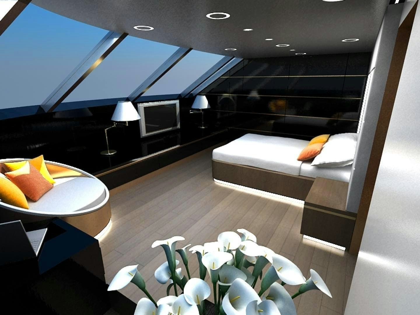 a room with a bed and a table aboard BLUE COAST 88 Yacht for Sale