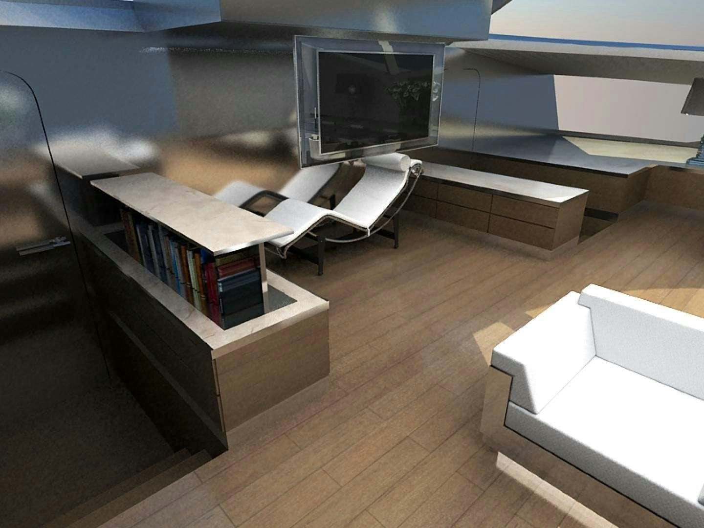 a room with a tv and a table aboard BLUE COAST 88 Yacht for Sale