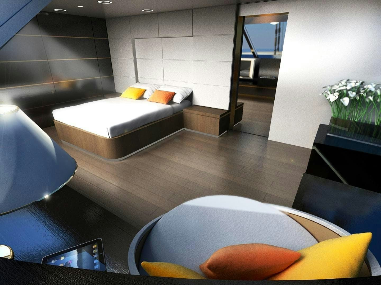 a modern looking living room aboard BLUE COAST 88 Yacht for Sale