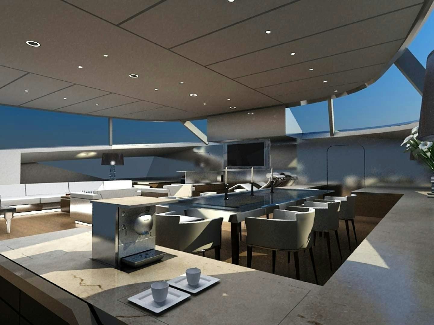 a room with a large table and chairs aboard BLUE COAST 88 Yacht for Sale