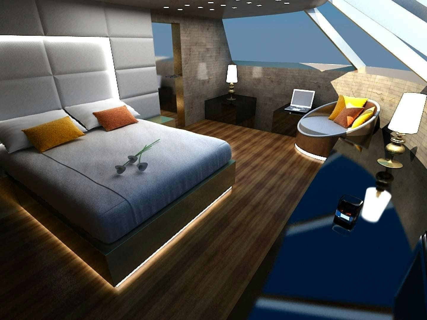 a bedroom with a large bed aboard BLUE COAST 88 Yacht for Sale