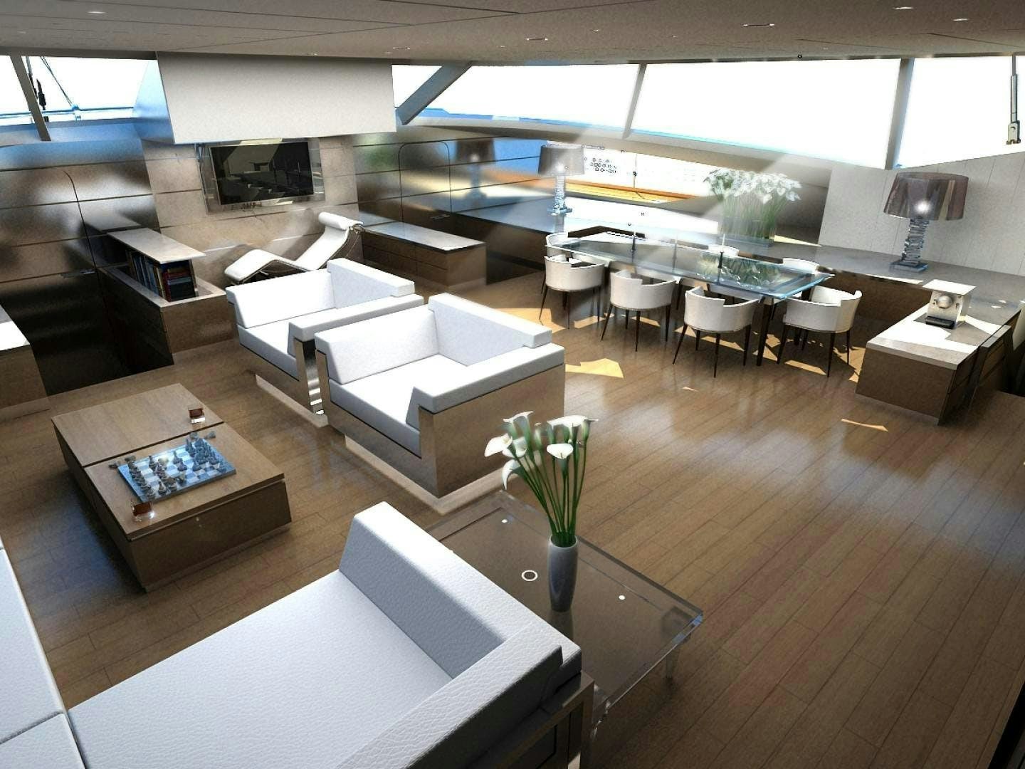 a room with tables and chairs aboard BLUE COAST 88 Yacht for Sale